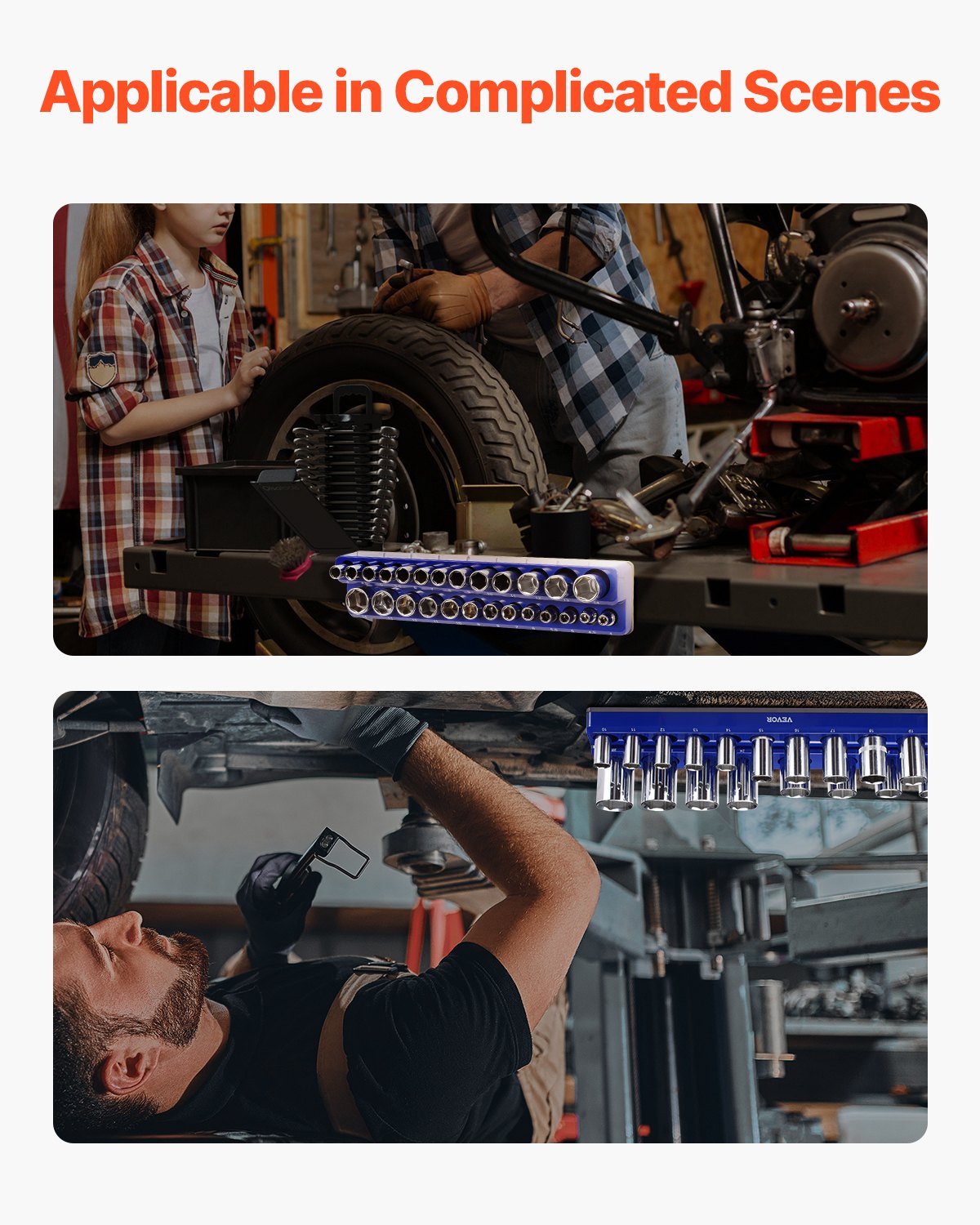 VEVOR Socket Wrench Organizer Set, 3-Piece Socket Wrench Holder, 1/4", 3/8" & 1/2" Drive, for up to 75 Standard & Deep Socket Wrenches, Blue (Sockets not included)