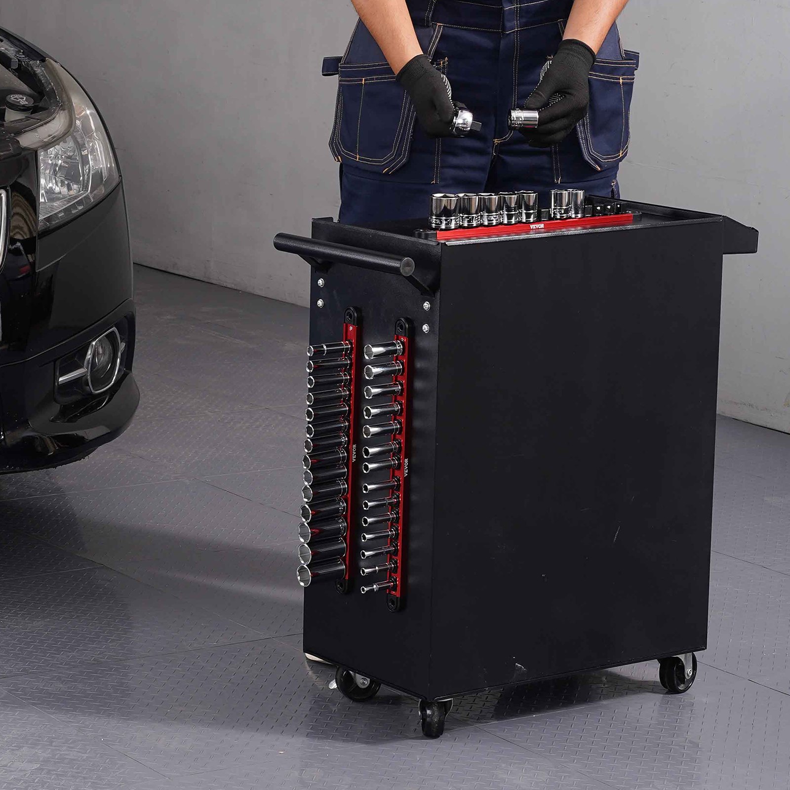 VEVOR Set di Guide per Organizzatori di Prese, 3 PZ Organizzatori di Prese in Alluminio Metrico SAE 1/4 3/8 1/2 Pollici, Supporto per Prese per Impieghi Gravosi Contiene Fino 40 Prese, Rosso Nero