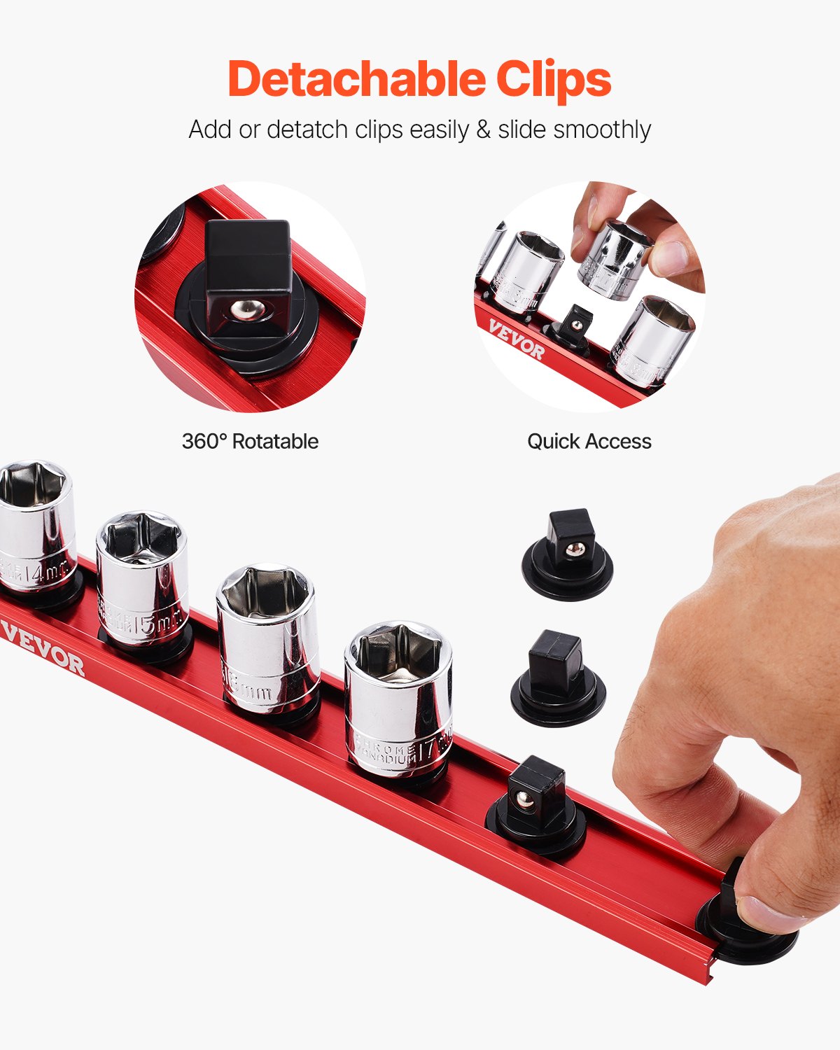 VEVOR Set di Guide per Organizzatori di Prese, 3 PZ Organizzatori di Prese in Alluminio Metrico SAE 1/4 3/8 1/2 Pollici, Supporto per Prese per Impieghi Gravosi Contiene Fino 40 Prese, Rosso Nero