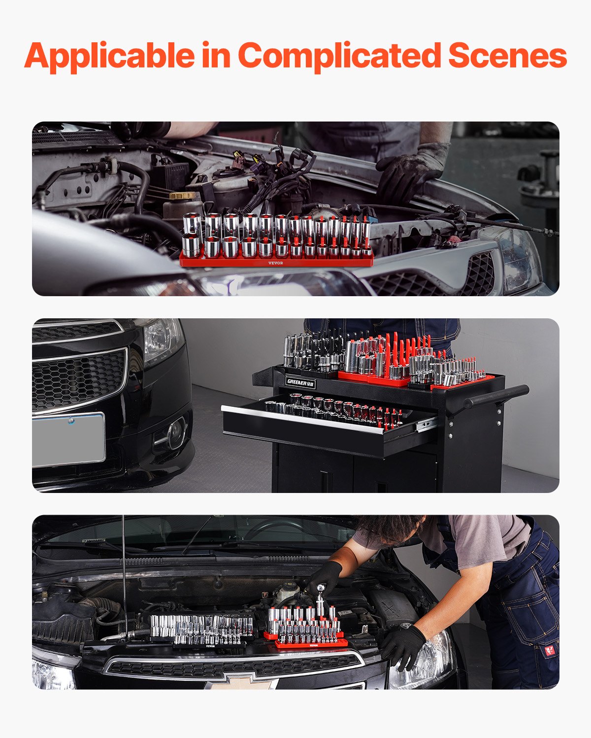 VEVOR Set di Organizzatore per Prese, 8 Pezzi Supporto per Prese ad Asta Alta, Attacchi per Prese SAE 1/4 3/8 1/2 Pollici Nero Rosso Contengono Fino a 176 Prese Standard Profonde, Presa Non Inclusa