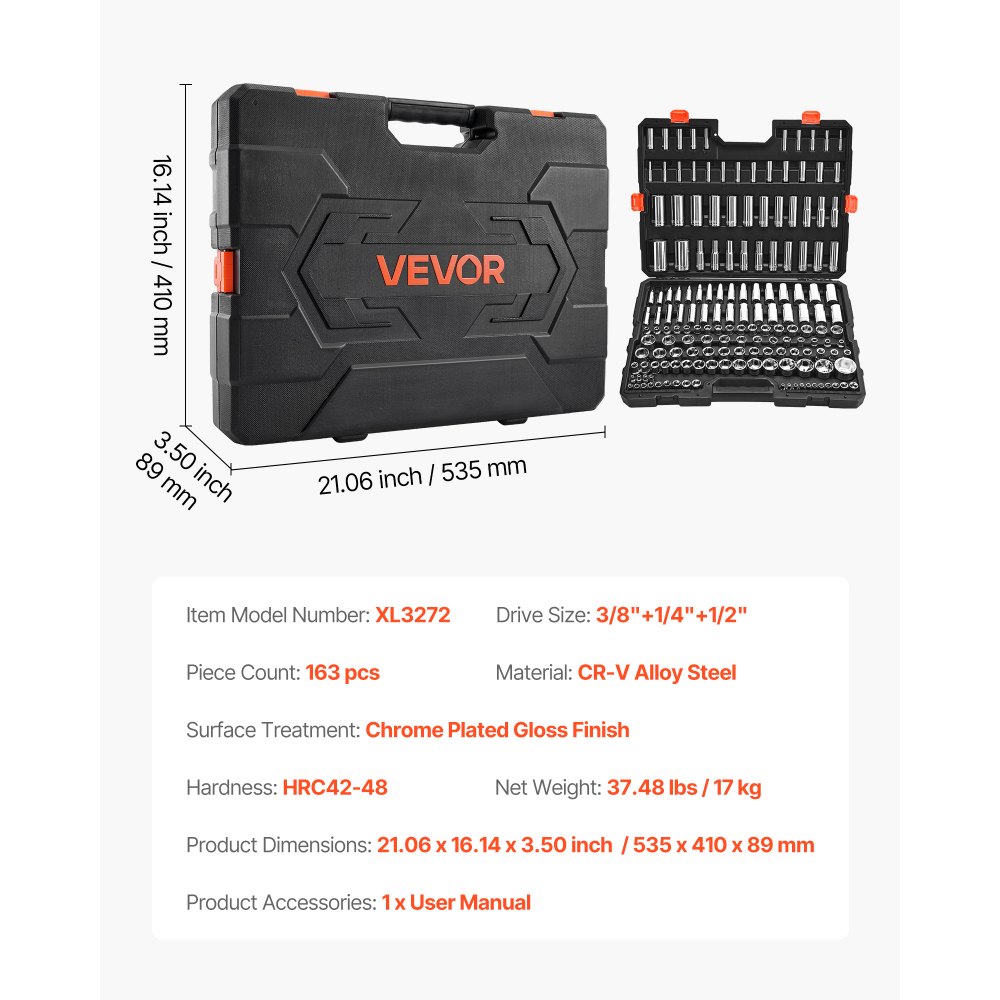VEVOR Socket Set, 163 Pieces, 9.5 & 6.4 & 12.7 mm Drive Socket Tool Set, SAE and Metric, Deep and Standard, Mechanic Tool Kit with Storage Case, Chrome Plated CR-V Alloy Steel, for Automotive Repair