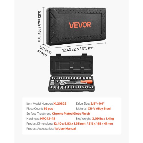 VEVOR Set Bussole 39 Pezzi – Cricchetti 9,5 E 6,4 Mm, SAE E Metriche, Custodia Antiturto – Perfetto Per Riparazioni Auto E Fai Da Te