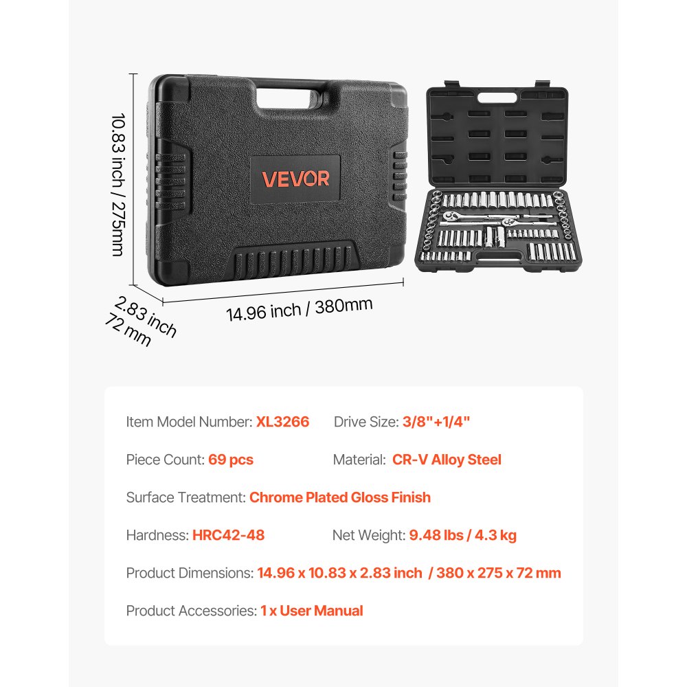 VEVOR Socket Set, 69 Pieces, 9.5 & 6.4 mm Drive Socket and Ratchet Set, SAE and Metric, Deep and Standard, Mechanic Tool Kit with Accessories and Storage Case, CR-V Alloy Steel, for Auto Repair