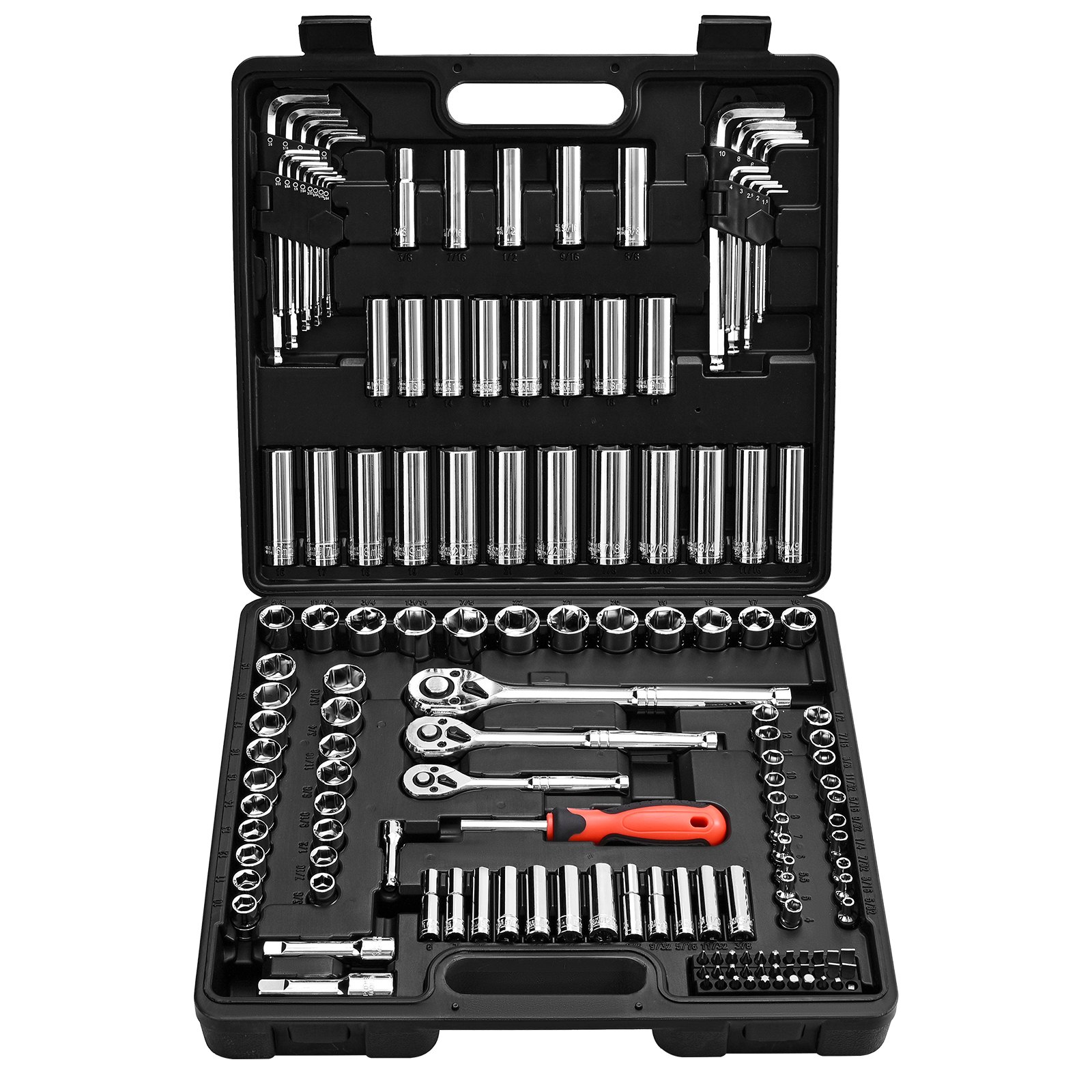VEVOR Set di Bussole, 149 Pezzi, Set di Bussole e Cricchetti da 9,5/6,4/12,7 mm, SAE e Metriche, Profonde e Poco Profonde, con Punte, Accessori e Custodia, Acciaio Legato CR-V, per Riparazioni Auto