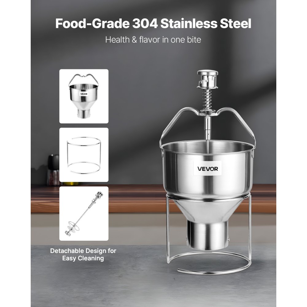 VEVOR Donut Dough Dispenser, Manual Donut Funnel with Large Capacity (2.4 L), Commercial Dough Dispenser Made of 304 Stainless Steel with 6 Thickness Settings & Stand, for Cafes, Bakeries, and Kitchens