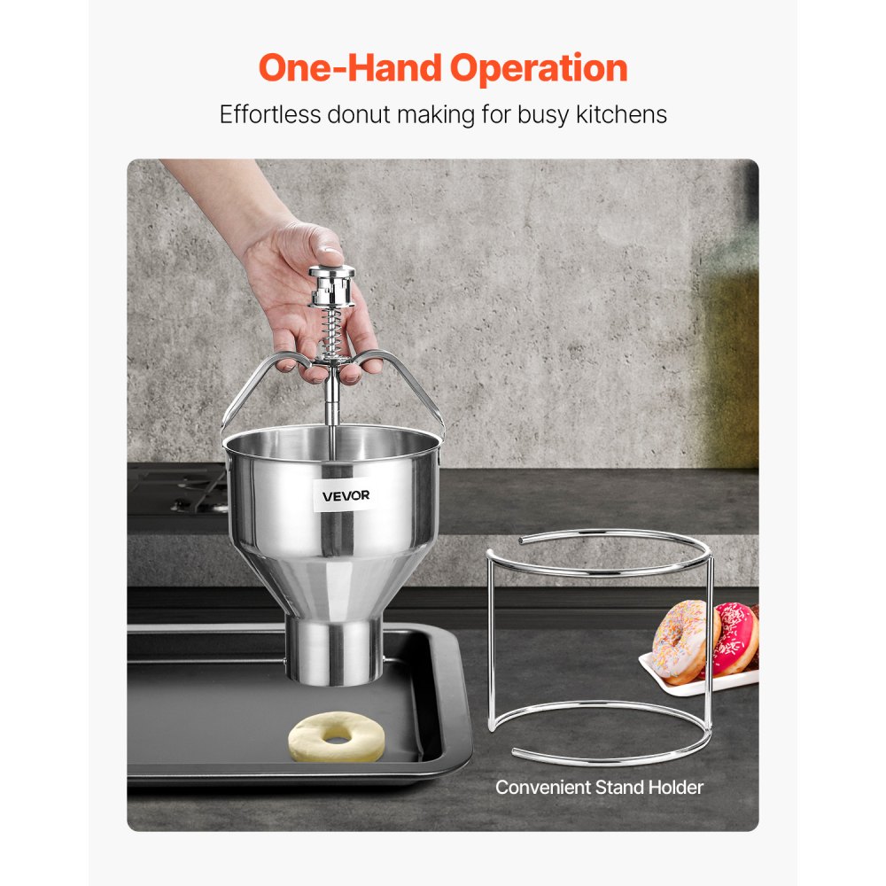 VEVOR Donut Dough Dispenser, Manual Donut Funnel with Large Capacity (2.4 L), Commercial Dough Dispenser Made of 304 Stainless Steel with 6 Thickness Settings & Stand, for Cafes, Bakeries, and Kitchens