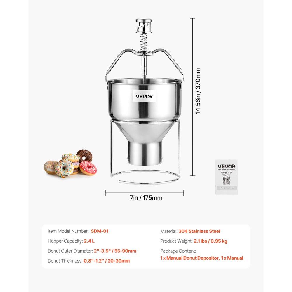 VEVOR Donut Dough Dispenser, Manual Donut Funnel with Large Capacity (2.4 L), Commercial Dough Dispenser Made of 304 Stainless Steel with 6 Thickness Settings & Stand, for Cafes, Bakeries, and Kitchens
