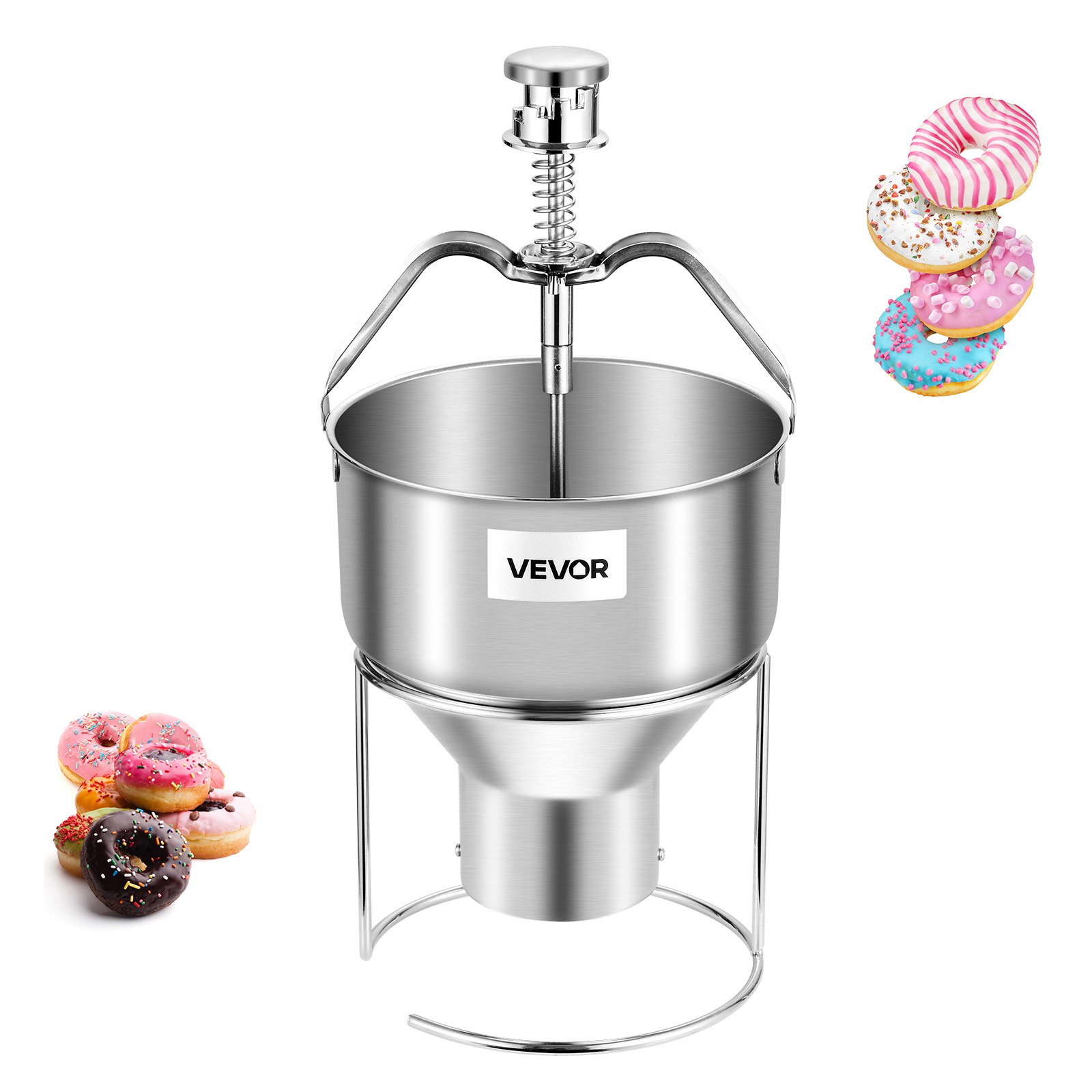 VEVOR Donut Dough Dispenser, Manual Donut Funnel with Large Capacity (2.4 L), Commercial Dough Dispenser Made of 304 Stainless Steel with 6 Thickness Settings & Stand, for Cafes, Bakeries, and Kitchens