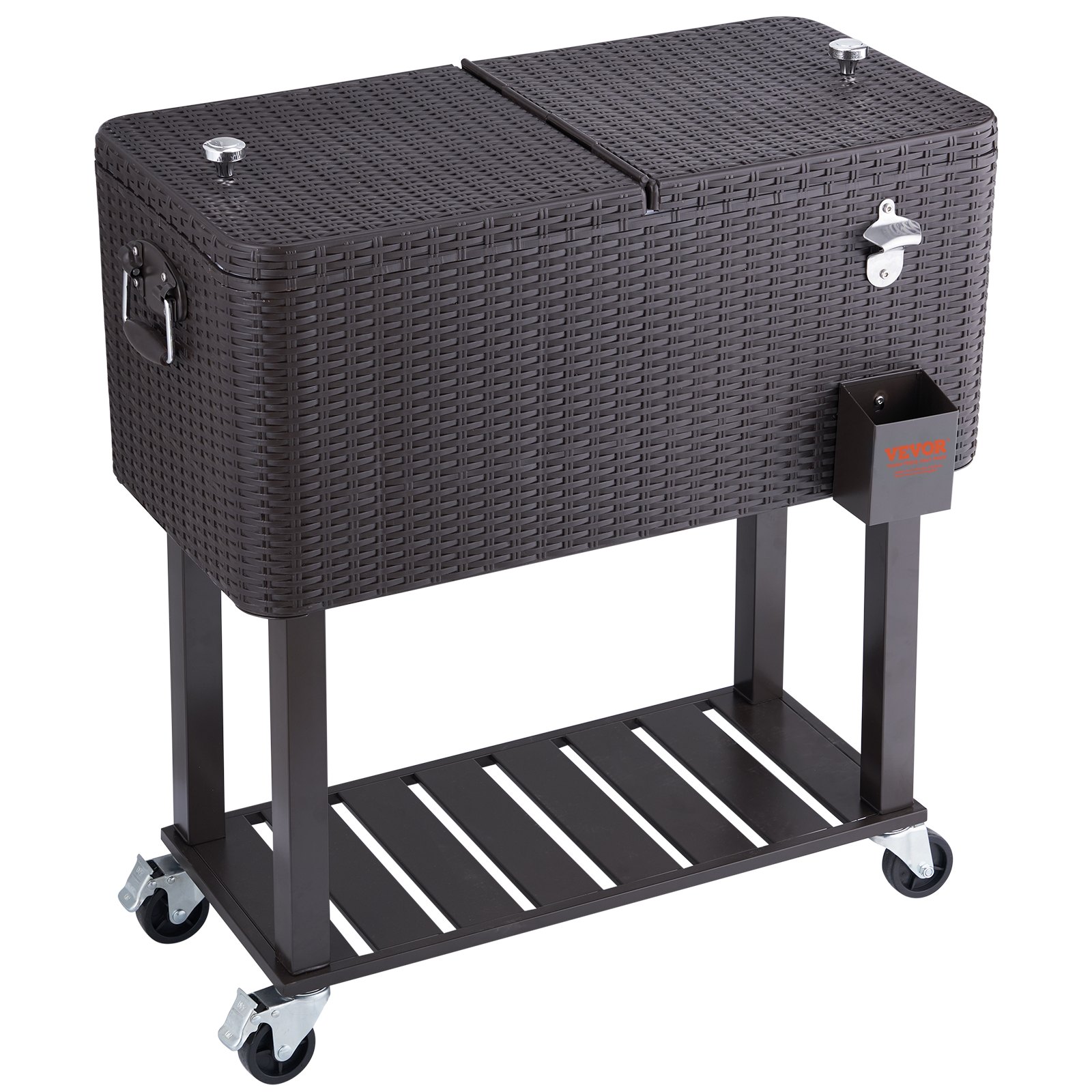 VEVOR Carrello Mobile Bar Frigo per Bevande Carrello Isotermico Superficie Resina Rattan Capienza 80QT Apribottiglie Scatola Raccoglie Tappi, Carrello per Bevande Contenitore per Ghiaccio Portabirre
