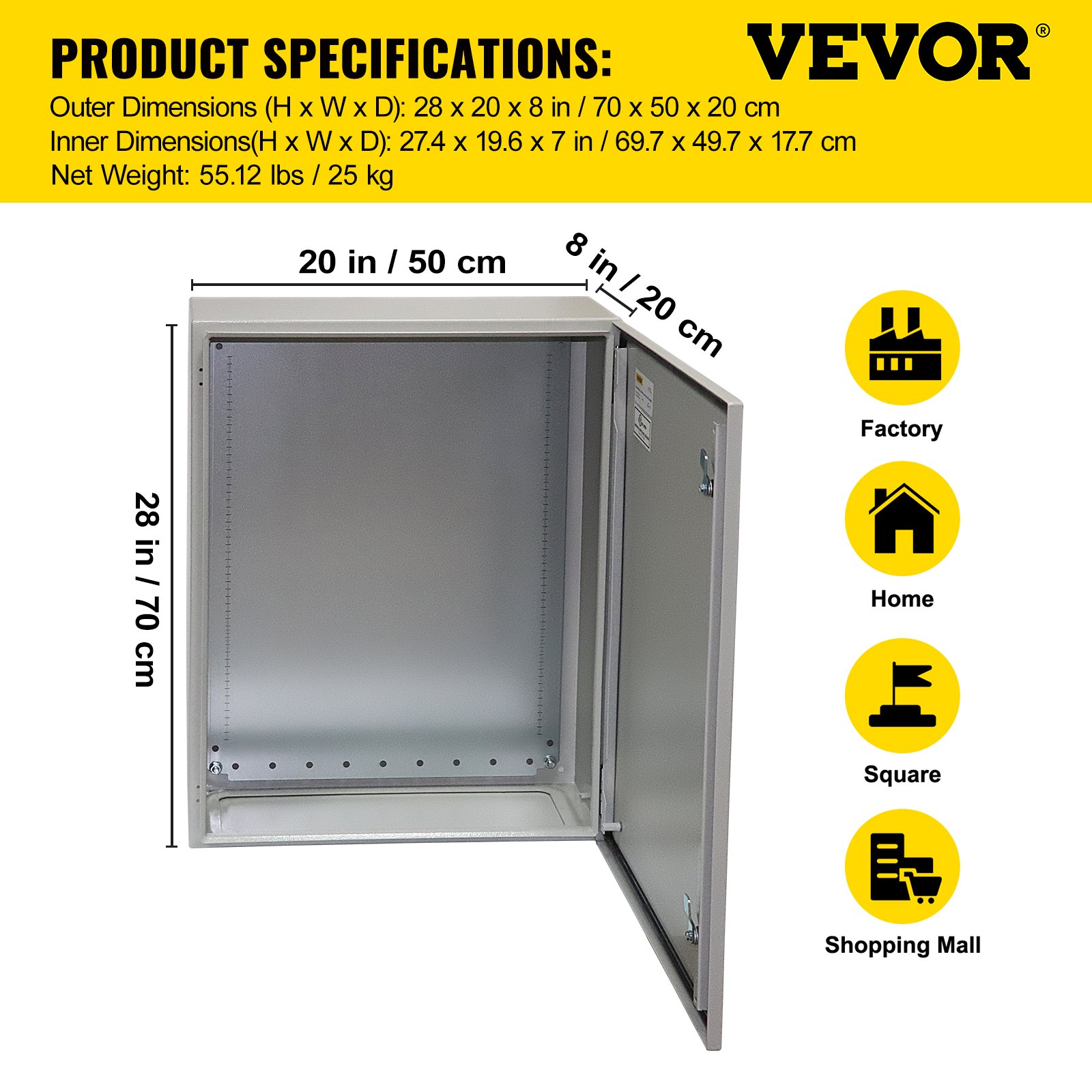 VEVOR Custodia elettrica, 70x50x20 cm, Custodia per esterni NEMA 4, Scatola di giunzione incernierata in acciaio al carbonio laminato a freddo IP65 impermeabile e antipolvere