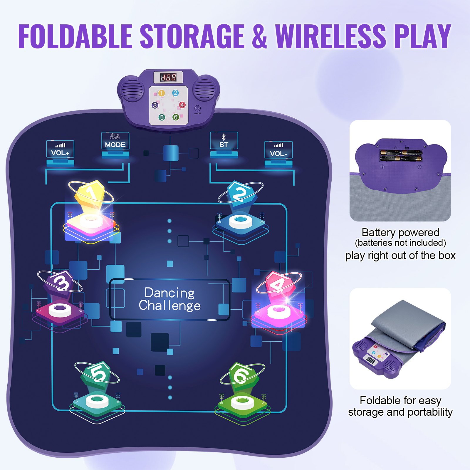 VEVOR Dance Mat, 6-Button Dance Mixer, Music Mat, Electronic Dance Pad with Wireless Bluetooth, LED Lights, 5 Play Modes, Adjustable Volume, Integrated Music, Ideal for Children 3 Years and Up