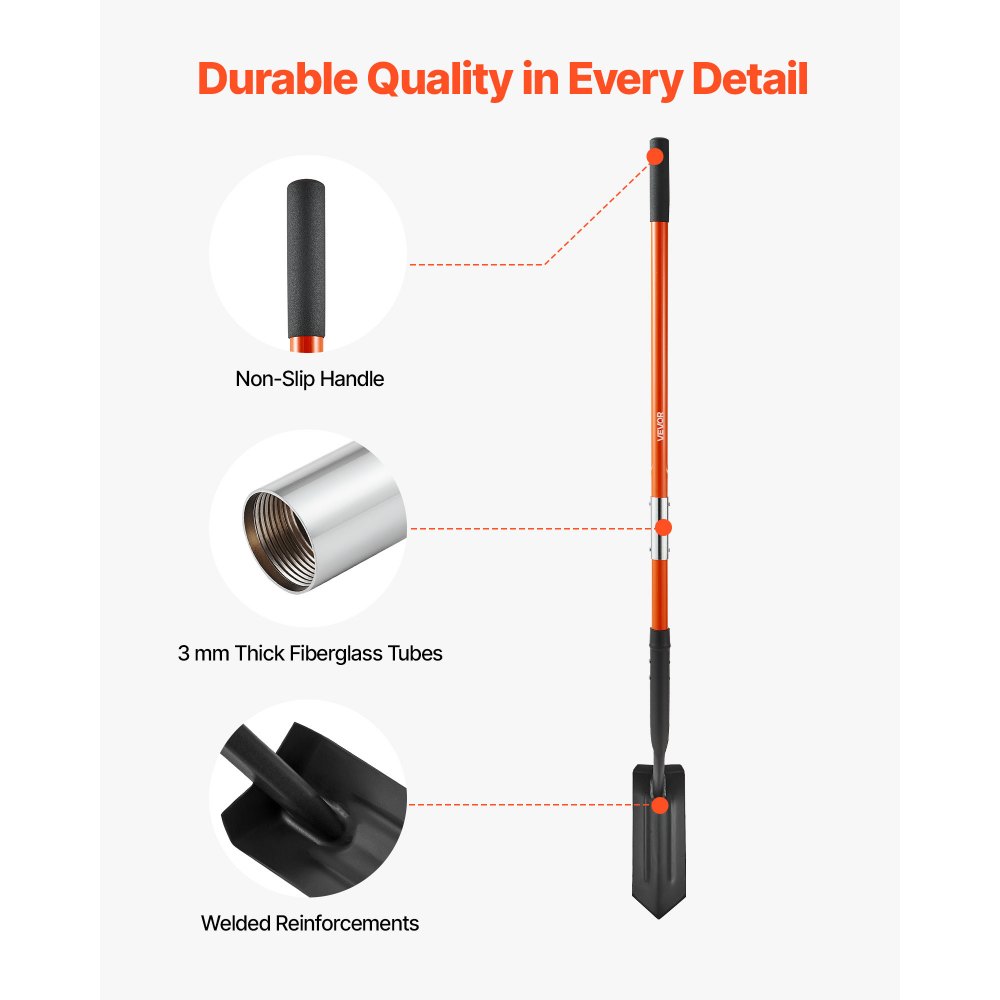 VEVOR Trench Shovel, 10.4 cm Blade Heavy-Duty Trenching Shovel, Narrow Spade Trench Digger with Fiberglass Handle and Non-Slip Grip, for Gardening, Digging Holes, Trenching, and Planting, 142.5 cm