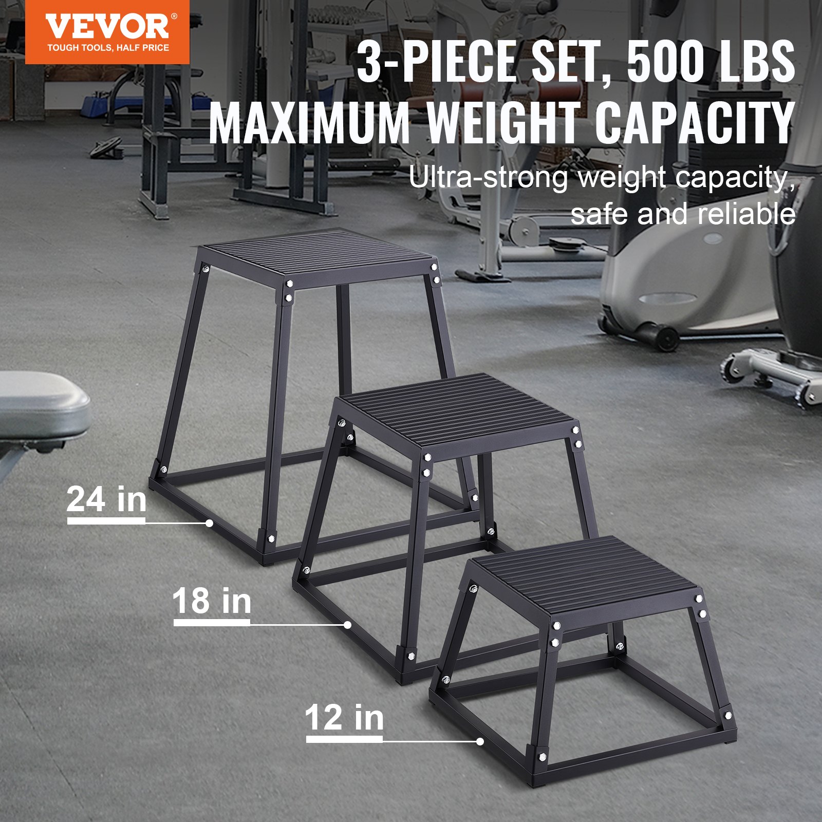 VEVOR 3-Piece Plyometric Jump Boxes, 305/458/609 mm Plyometric Box Black, Non-Slip Fitness Exercise Step-Up Box Set for Home Fitness Training, Conditioning Strength Training, Jump Training Portable