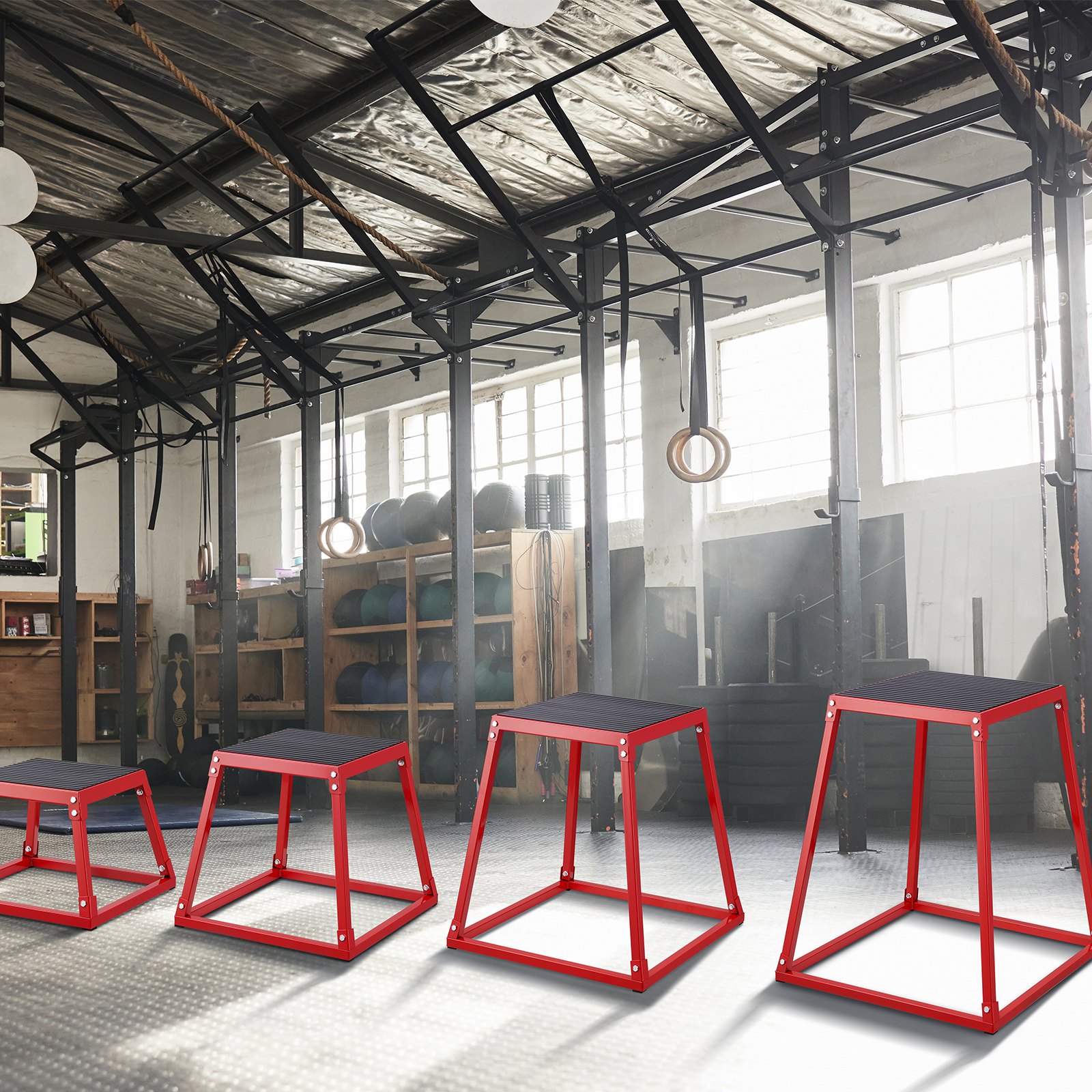 VEVOR 4-Piece Plyometric Jump Boxes, 305/458/609/762 mm Plyometric Box Red, Non-Slip Fitness Exercise Step-Up Box Set for Home Fitness Training, Conditioning Strength Training, Jump Training Portable