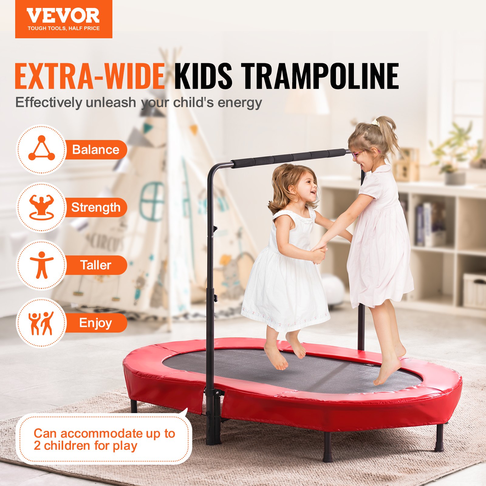 VEVOR Trampolino per Bambini, Trampolino per Interni ed Esterni 1435x970 mm, Mini Trampolino Pieghevole con Maniglia, Trampolino Rebounder per Bambini Piccoli, per Bambini Divertimento, Rosso