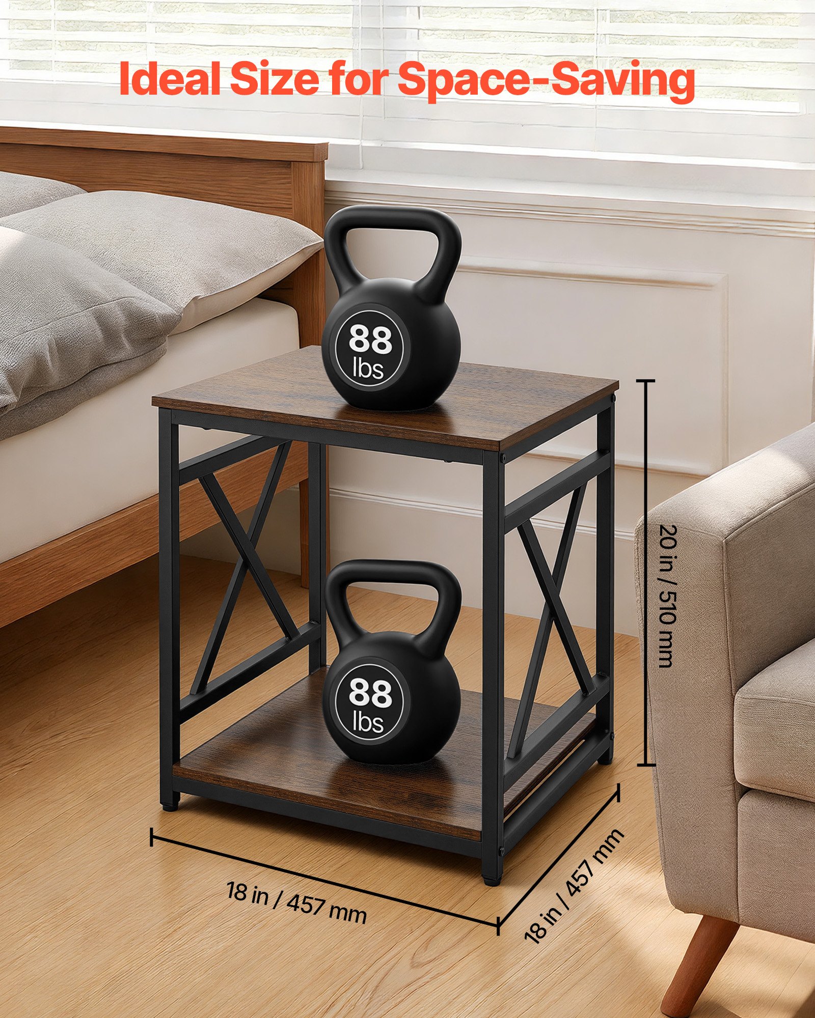 VEVOR Tavolino da Divano con 2 Ripiano Quadrato con Ripiani Aperti, Comodino Moderno con Struttura in Metallo a X, Scrivania in Legno per Soggiorno, Camera da Letto, Ufficio, Dormitorio, Marrone