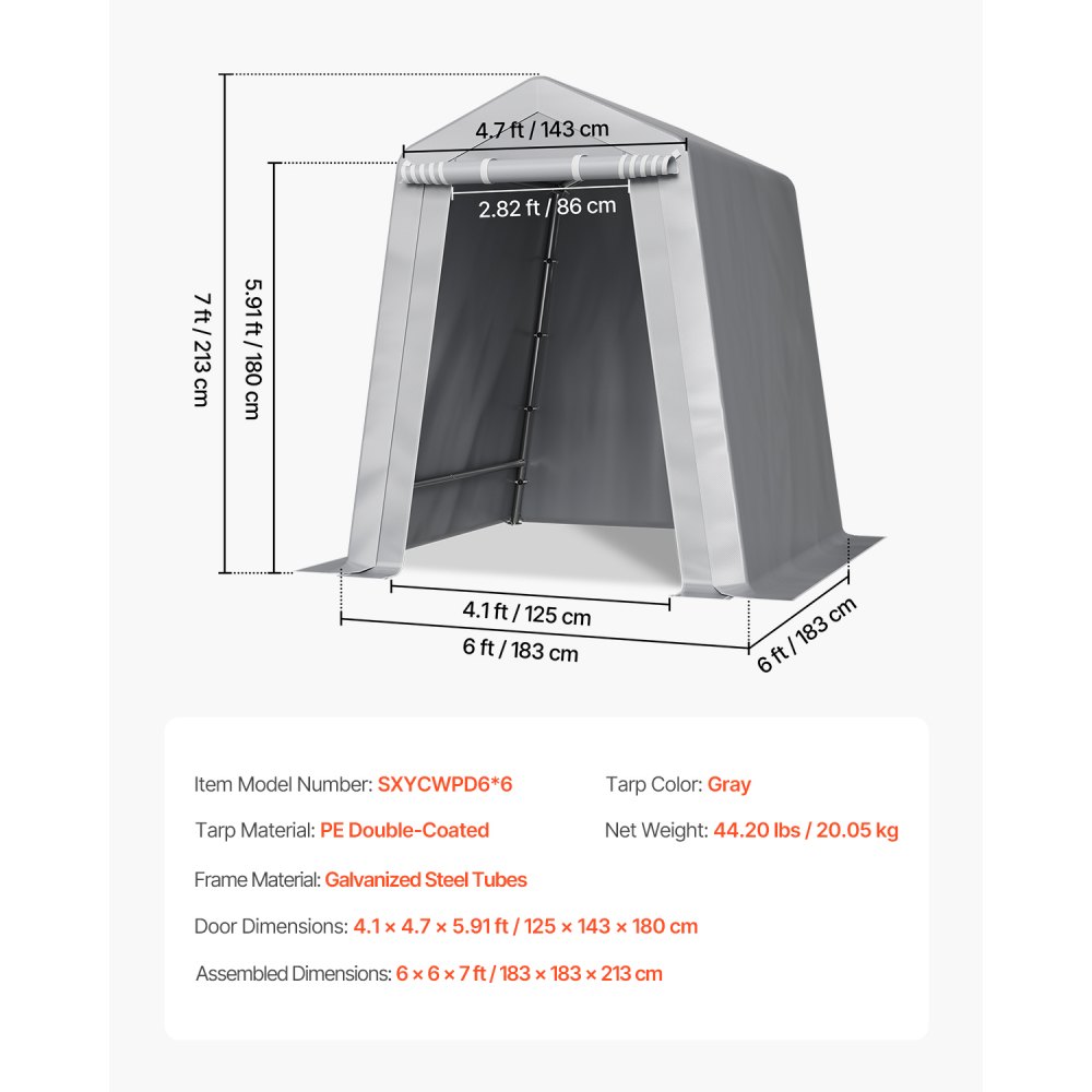 VEVOR Capannone da Esterno, Tenda da Deposito Portatile 183 x 183 x 214 cm, con Porta Avvolgibile e Prese d'Aria, Tettoia Impermeabile, Struttura Robusta, Posto Auto Coperto per Garage, Grigio