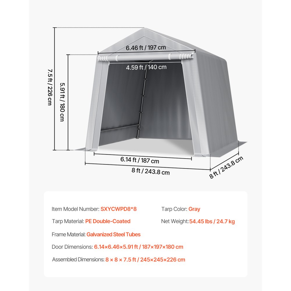 VEVOR Capannone da Esterno, Tenda da Deposito Portatile 245 x 245 x 227 cm, con Porta Avvolgibile e Prese d'Aria, Tettoia Impermeabile, Struttura Robusta, Posto Auto Coperto per Garage, Grigio