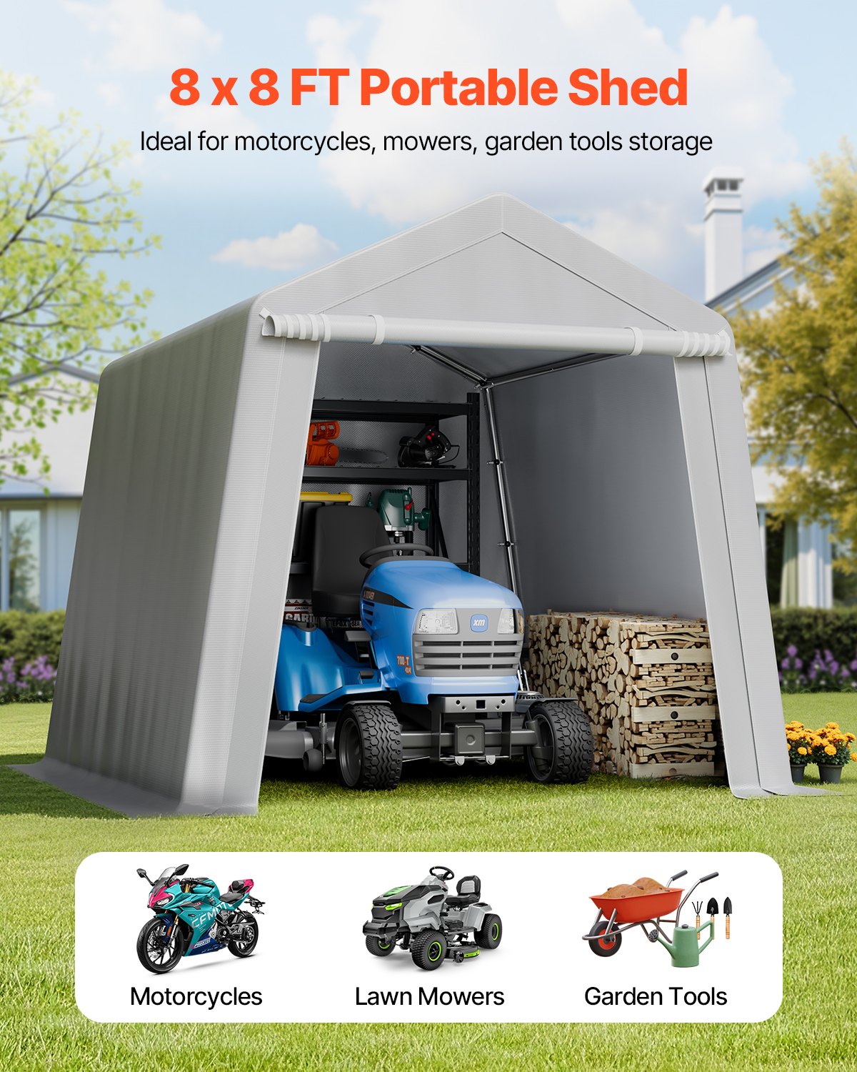 VEVOR Capannone da Esterno, Tenda da Deposito Portatile 245 x 245 x 227 cm, con Porta Avvolgibile e Prese d'Aria, Tettoia Impermeabile, Struttura Robusta, Posto Auto Coperto per Garage, Grigio