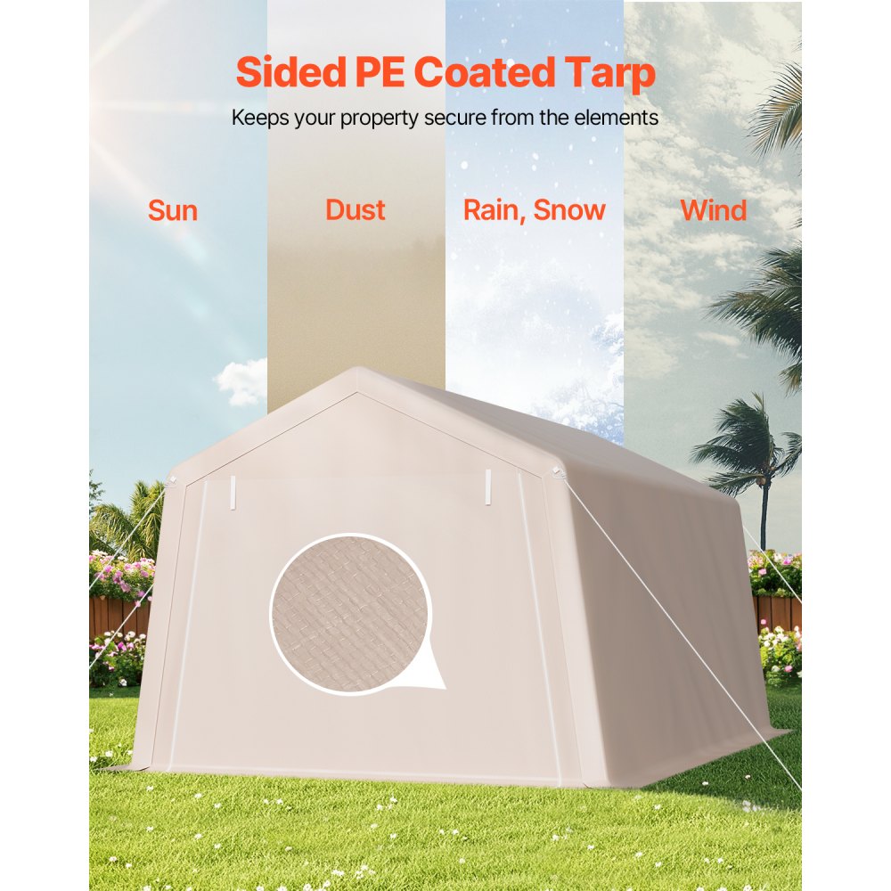 VEVOR Capannone da Esterno, Tenda da Deposito Portatile, con 2 Porte Avvolgibili e Prese d'Aria, Tettoia Impermeabile, Struttura Robusta, Posto Auto Coperto per Garage, Beige 305 x 458 x 246 cm