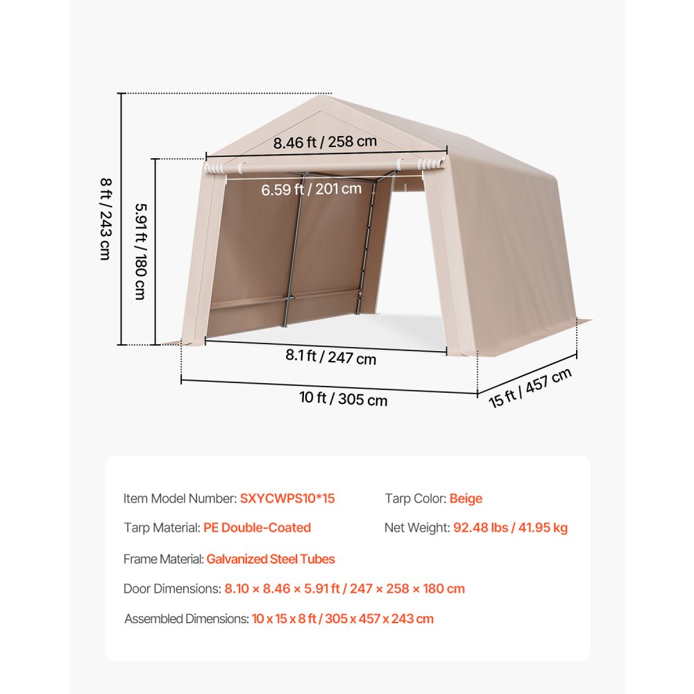 VEVOR Capannone da Esterno, Tenda da Deposito Portatile, con 2 Porte Avvolgibili e Prese d'Aria, Tettoia Impermeabile, Struttura Robusta, Posto Auto Coperto per Garage, Beige 305 x 458 x 246 cm