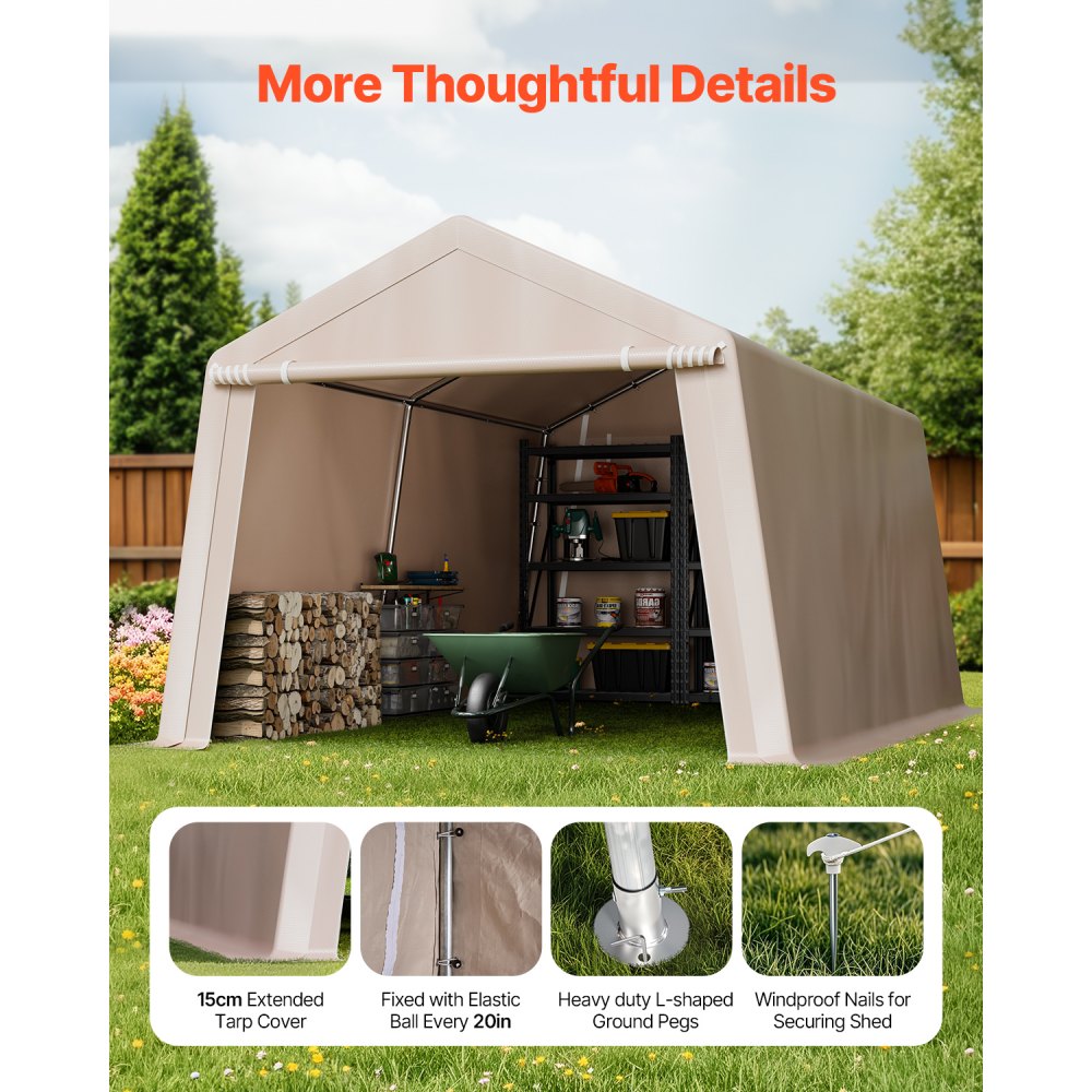 VEVOR Capannone da Esterno, Tenda da Deposito Portatile, con 2 Porte Avvolgibili e Prese d'Aria, Tettoia Impermeabile, Struttura Robusta, Posto Auto Coperto per Garage, Beige 305 x 458 x 246 cm