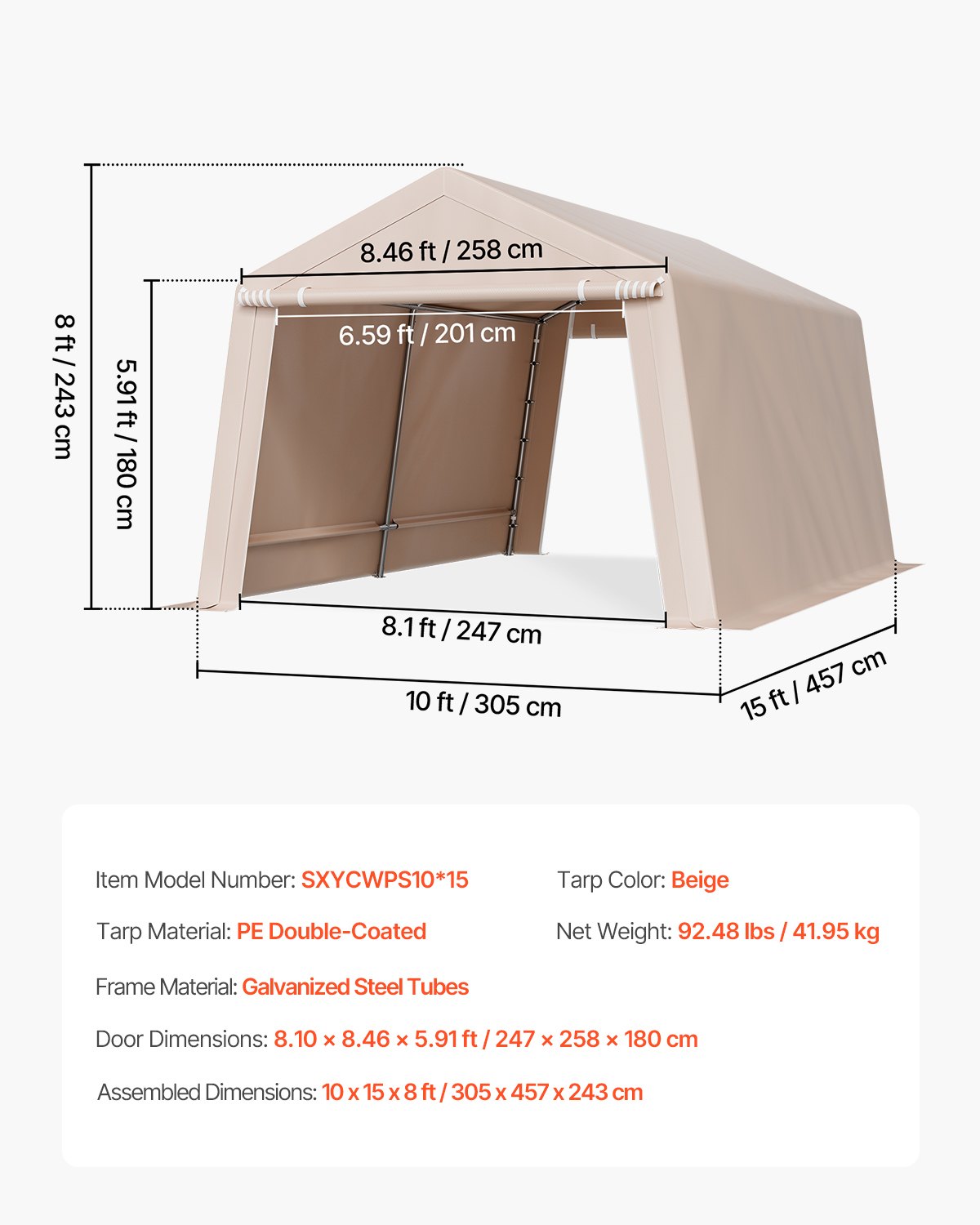 VEVOR Capannone da Esterno, Tenda da Deposito Portatile, con 2 Porte Avvolgibili e Prese d'Aria, Tettoia Impermeabile, Struttura Robusta, Posto Auto Coperto per Garage, Beige 305 x 458 x 246 cm