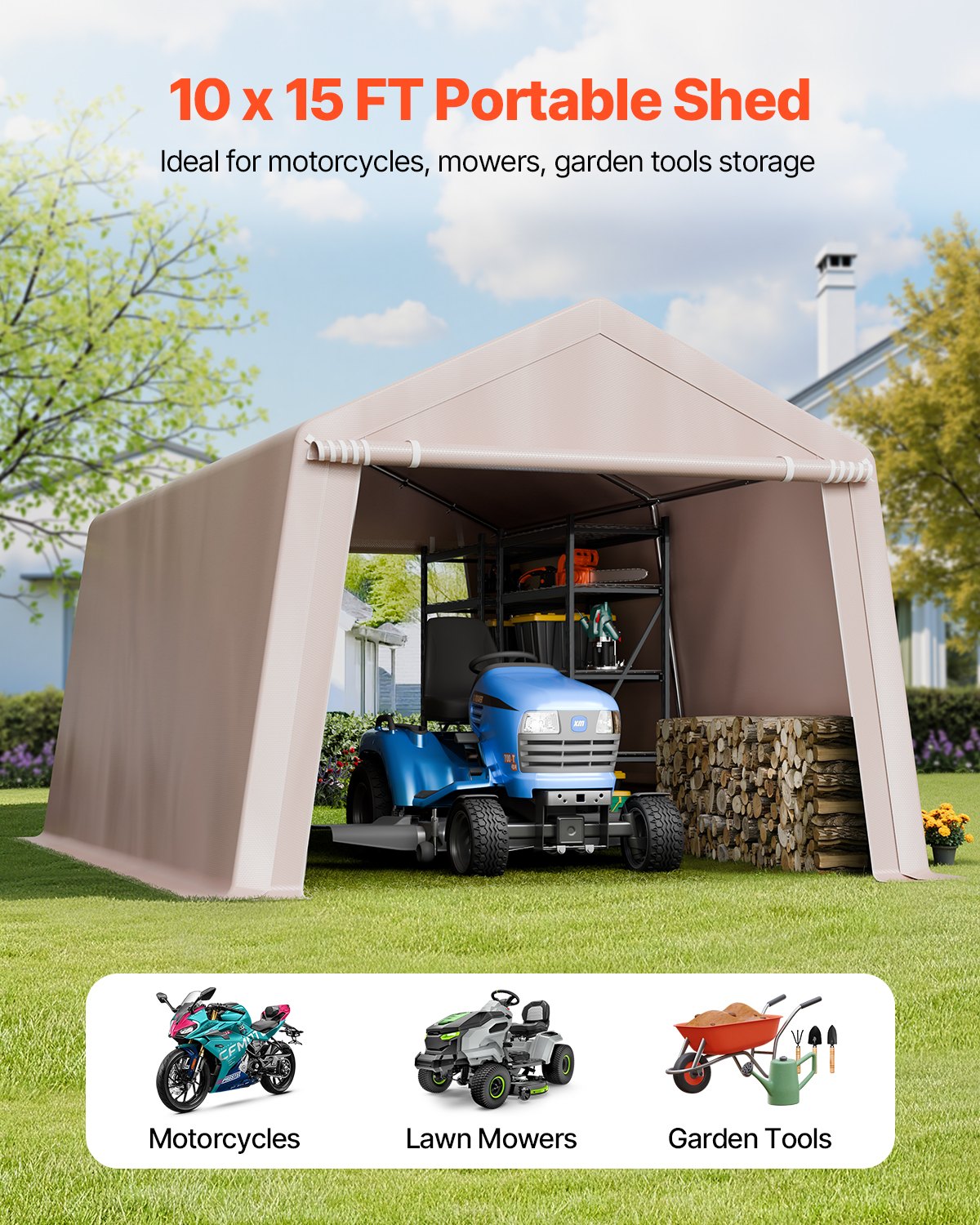 VEVOR Garden Shed, 305x457x243 cm, Garage Tent made of PE, Tool Shed, Bicycle Garage, Garden Shed, Carport, Bicycle Shed, Storage Garage for Motorcycle, Lawn Mower, Bicycle, Gray