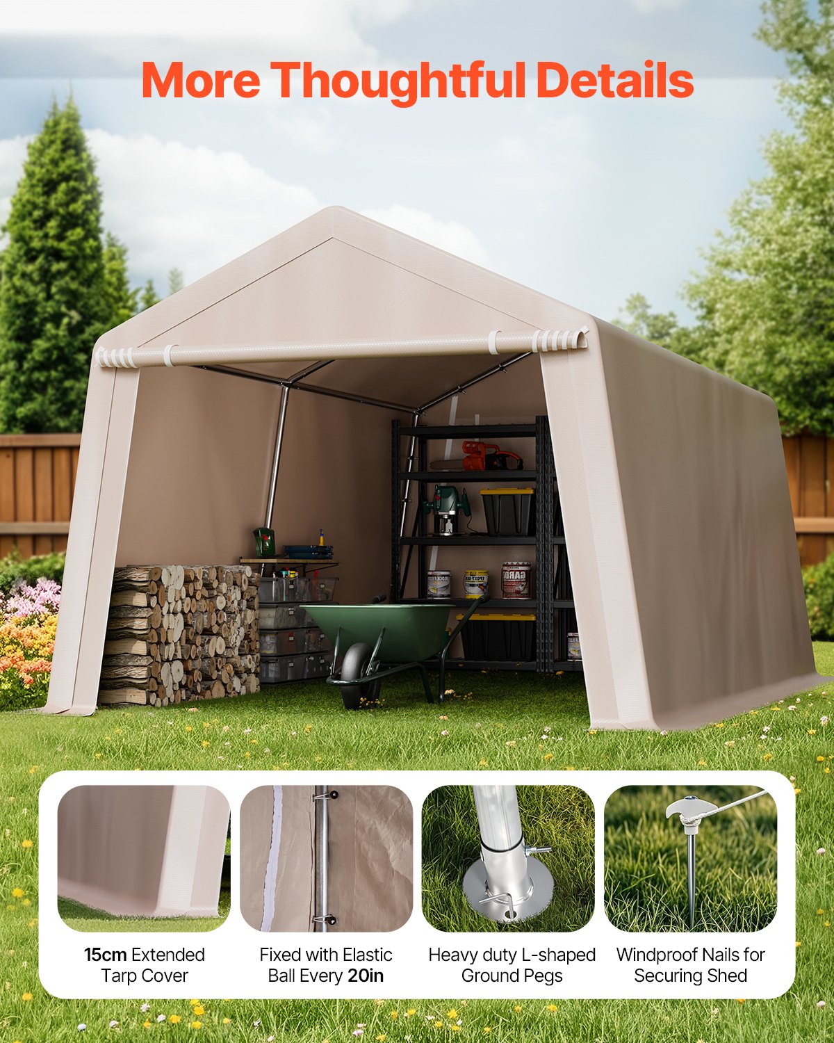 VEVOR Capannone da Esterno, Tenda da Deposito Portatile, con 2 Porte Avvolgibili e Prese d'Aria, Tettoia Impermeabile, Struttura Robusta, Posto Auto Coperto per Garage, Beige 305 x 458 x 246 cm