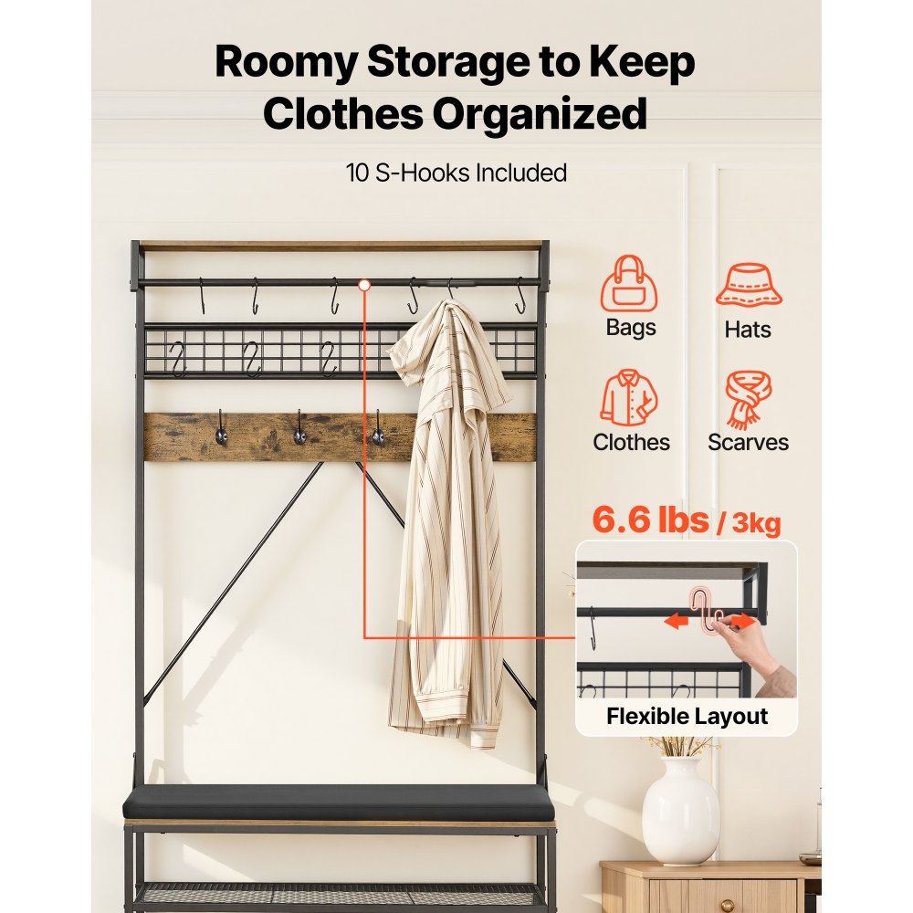 VEVOR Hall Tree, 1830 mm Coat Rack with Shoe Bench, 2-Tier Freestanding Shoe Rack Storage Organizer with Hooks, Hanging Rod and Wire Shelf, Steel Frame Entrance Coat Holder for Entry, Bedroom, Closet
