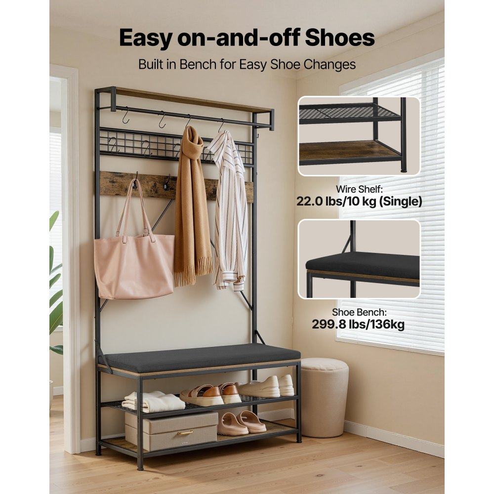 VEVOR Hall Tree, 1830 mm Coat Rack with Shoe Bench, 2-Tier Freestanding Shoe Rack Storage Organizer with Hooks, Hanging Rod and Wire Shelf, Steel Frame Entrance Coat Holder for Entry, Bedroom, Closet