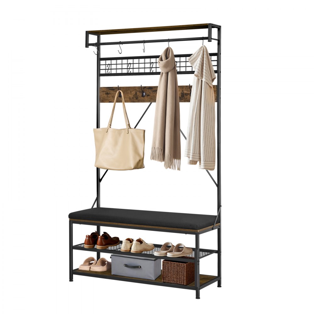 VEVOR Hall Tree, 1830 mm Coat Rack with Shoe Bench, 2-Tier Freestanding Shoe Rack Storage Organizer with Hooks, Hanging Rod and Wire Shelf, Steel Frame Entrance Coat Holder for Entry, Bedroom, Closet