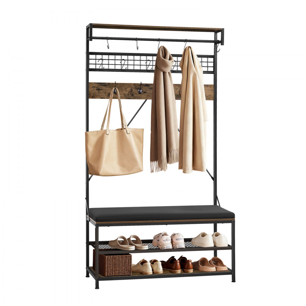 VEVOR Hall Tree, 1830 mm Coat Rack with Shoe Bench, 2-Tier Freestanding Shoe Rack Storage Organizer with Hooks, Hanging Rod and Wire Shelf, Steel Frame Entrance Coat Holder for Entry, Bedroom, Closet