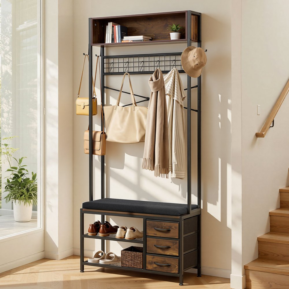 VEVOR Hall Tree, 1800 mm Coat Rack with Shoe Bench & 3 Drawers, 3-in-1 Freestanding Shoe Rack Storage Organizer with Bookshelf & Wire Shelf, Steel Frame Entrance Coat Holder for Entry, Bedroom, Closet