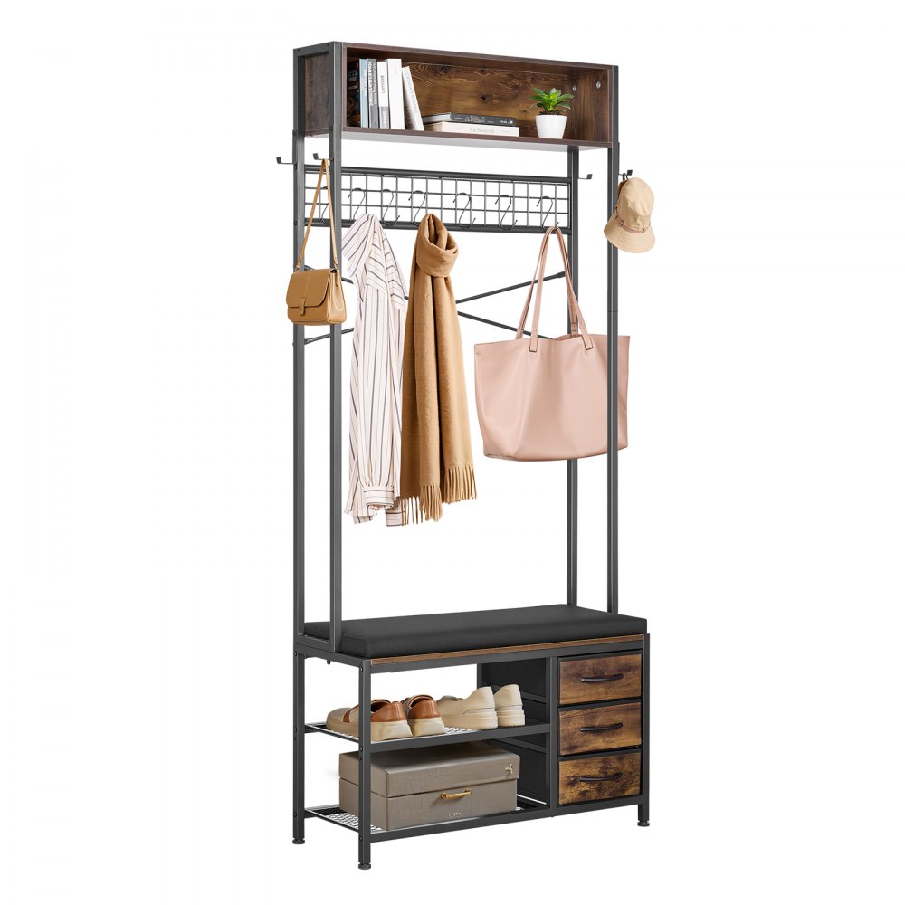 VEVOR Hall Tree, 1800 mm Coat Rack with Shoe Bench & 3 Drawers, 3-in-1 Freestanding Shoe Rack Storage Organizer with Bookshelf & Wire Shelf, Steel Frame Entrance Coat Holder for Entry, Bedroom, Closet