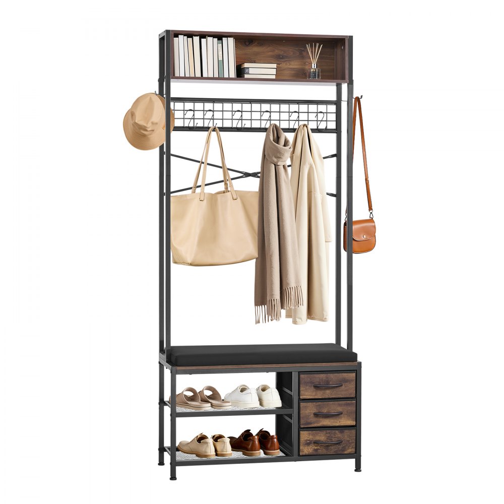 VEVOR Hall Tree, 1800 mm Coat Rack with Shoe Bench & 3 Drawers, 3-in-1 Freestanding Shoe Rack Storage Organizer with Bookshelf & Wire Shelf, Steel Frame Entrance Coat Holder for Entry, Bedroom, Closet