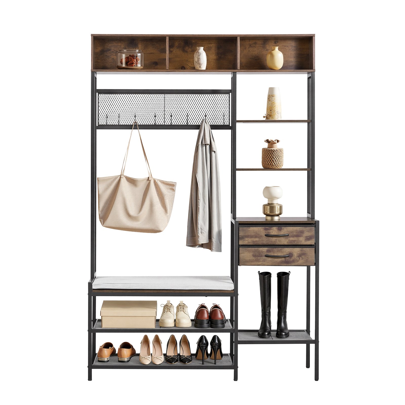 VEVOR Mobiletto Appendiabiti da Ingresso Appendiabiti con Scarpiera 2 Cassetti per Soggiorno Camera da Letto, Mobiletto Attaccapanni Autoportante 1200 x 400 x 1800 mm con Ganci Porta Sciarpa Scarpe