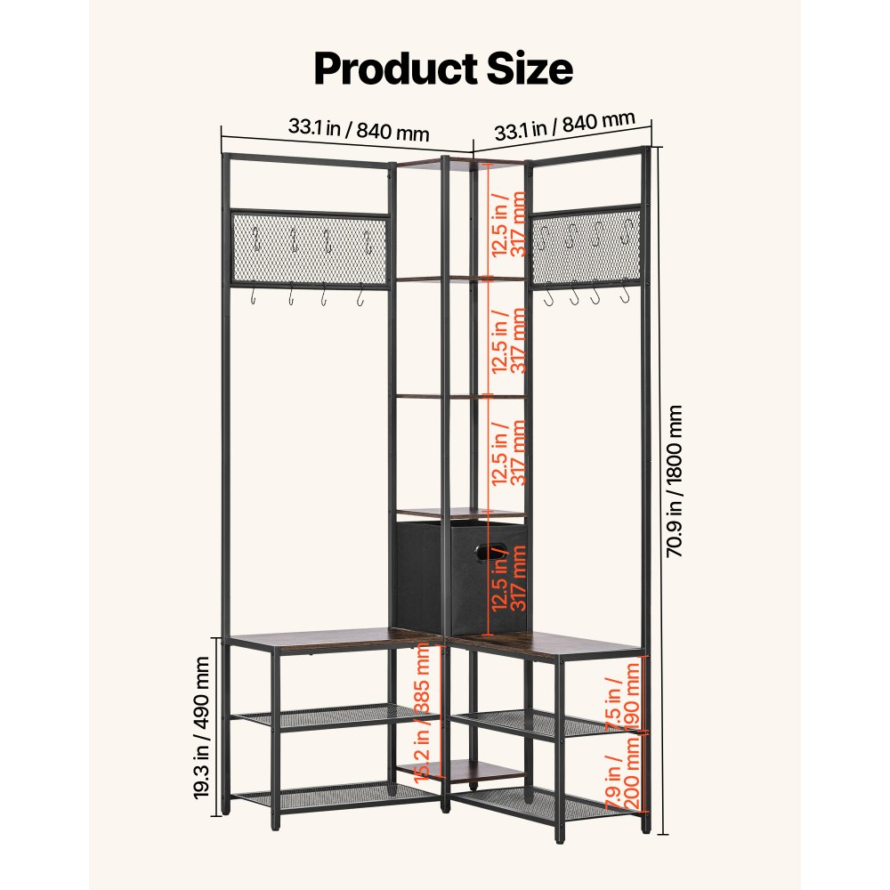 VEVOR Mobiletto da Ingresso Appendiabiti Angolari Ripiani Portaoggetti, Appendiabiti da Angolo Porta Vestiti Scarpe Cappelli Camera da Letto 840 x 840 x 1800 mm Attaccapanni Angolari Multifunzionale