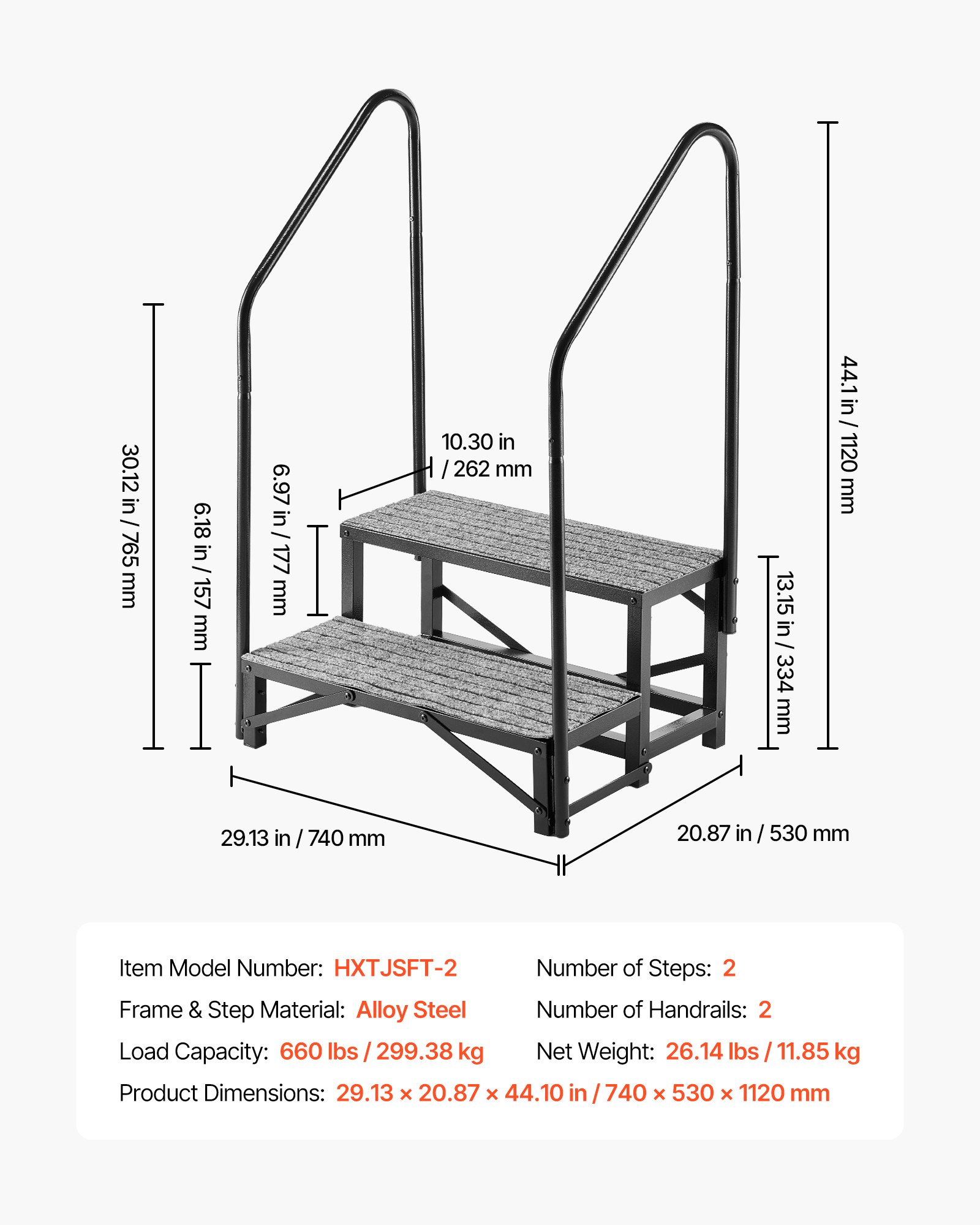 VEVOR Scaletta per Camper con 2 Corrimani a 2 Gradini Capacità di Carico di 300 kg, Gradini per Camper Roulotte Antiscivolo per Animali Domestici, Scaletta 740 x 530 x 1120 mm per Roulotte Piscina