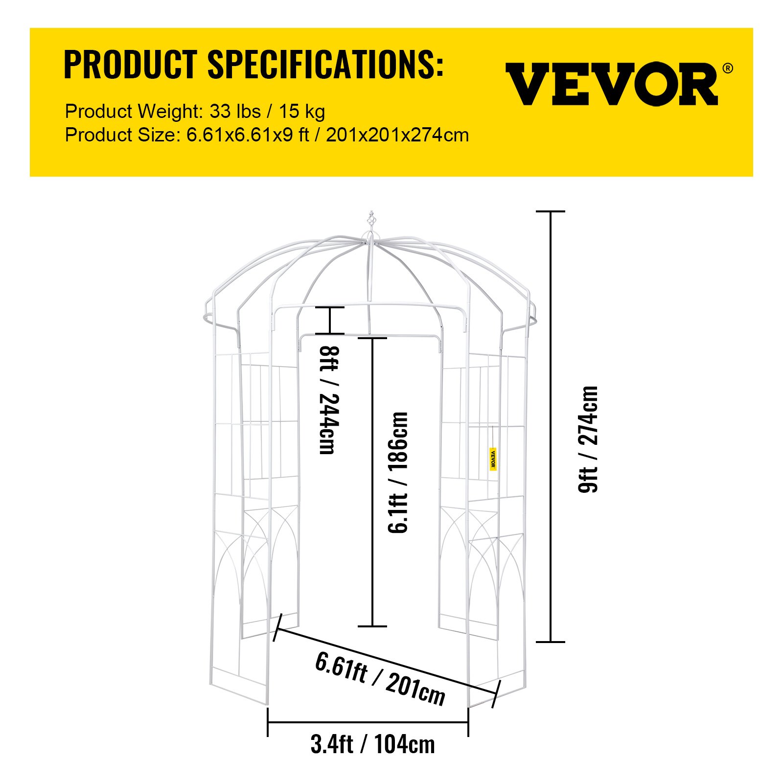 VEVOR Pergolato da Giardino a Forma di Gabbia per Uccelli, 9'' x 6,6'', Pergolato in Ferro Battuto Resistente, Arco Nuziale Traliccio per Rampicanti in Giardino Esterno, Prato, Cortile, Patio, Bianco