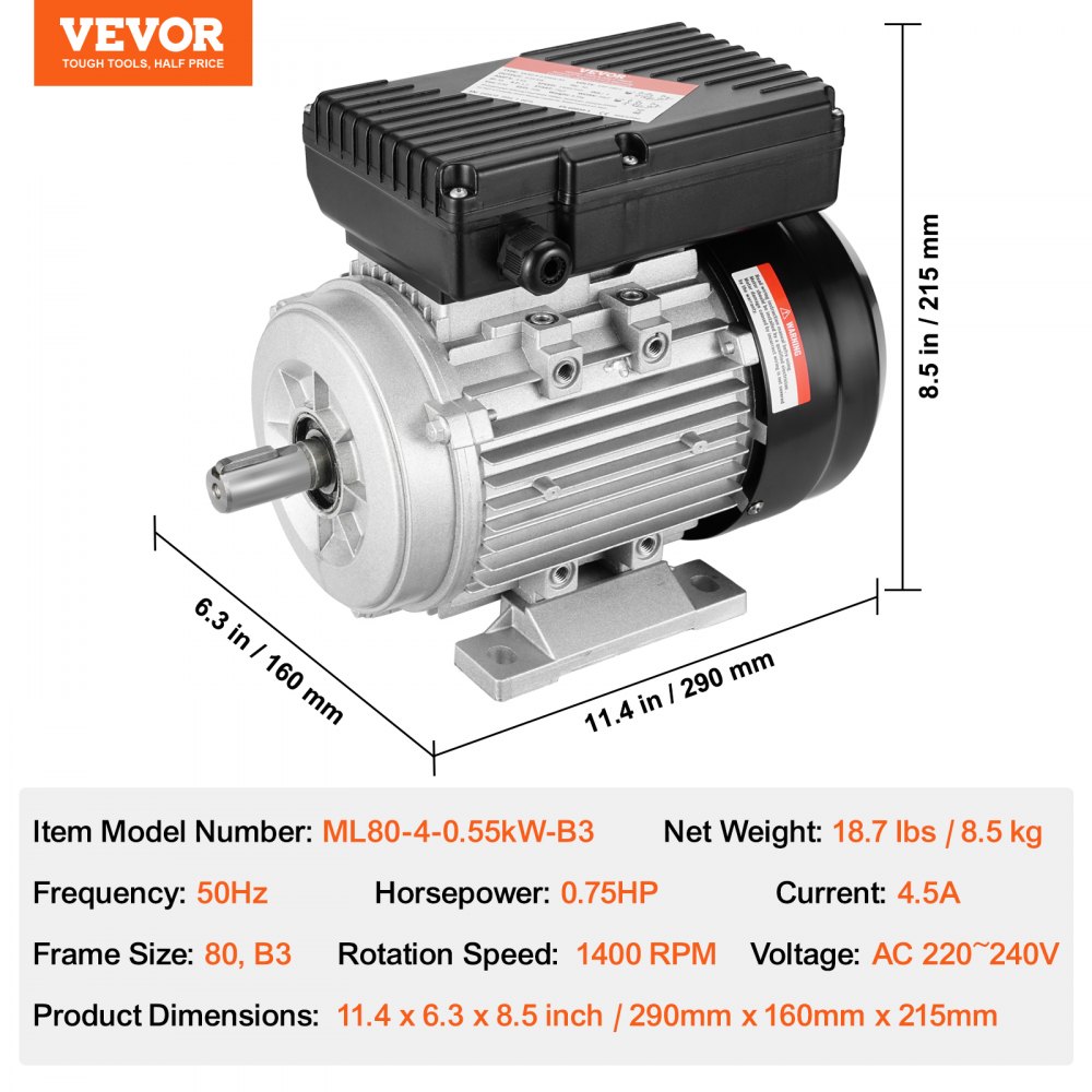 VEVOR Motore Elettrico 0,55KW 1400 Giri/min, CA 220~240V 4,5A, 80, Telaio B3, Motore Compressore d'Aria Monofase, Albero Chiavetta 19mm, Rotazione CW/CCW per Macchine Agricole e Attrezzature Generali