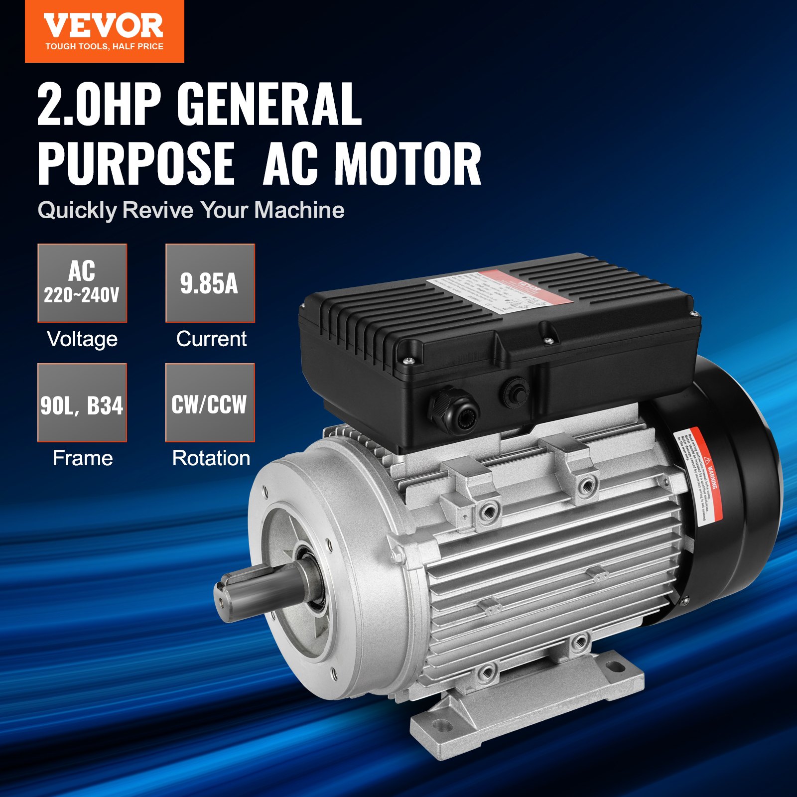 VEVOR Motore Elettrico 1,5KW 1400 Giri/min, CA 220~240V 9,85A, 90L, Telaio B34, Motore Compressore d'Aria Monofase, Albero Chiavetta 24mm, Rotazione CW/CCW Macchine Agricole e Attrezzature Generali