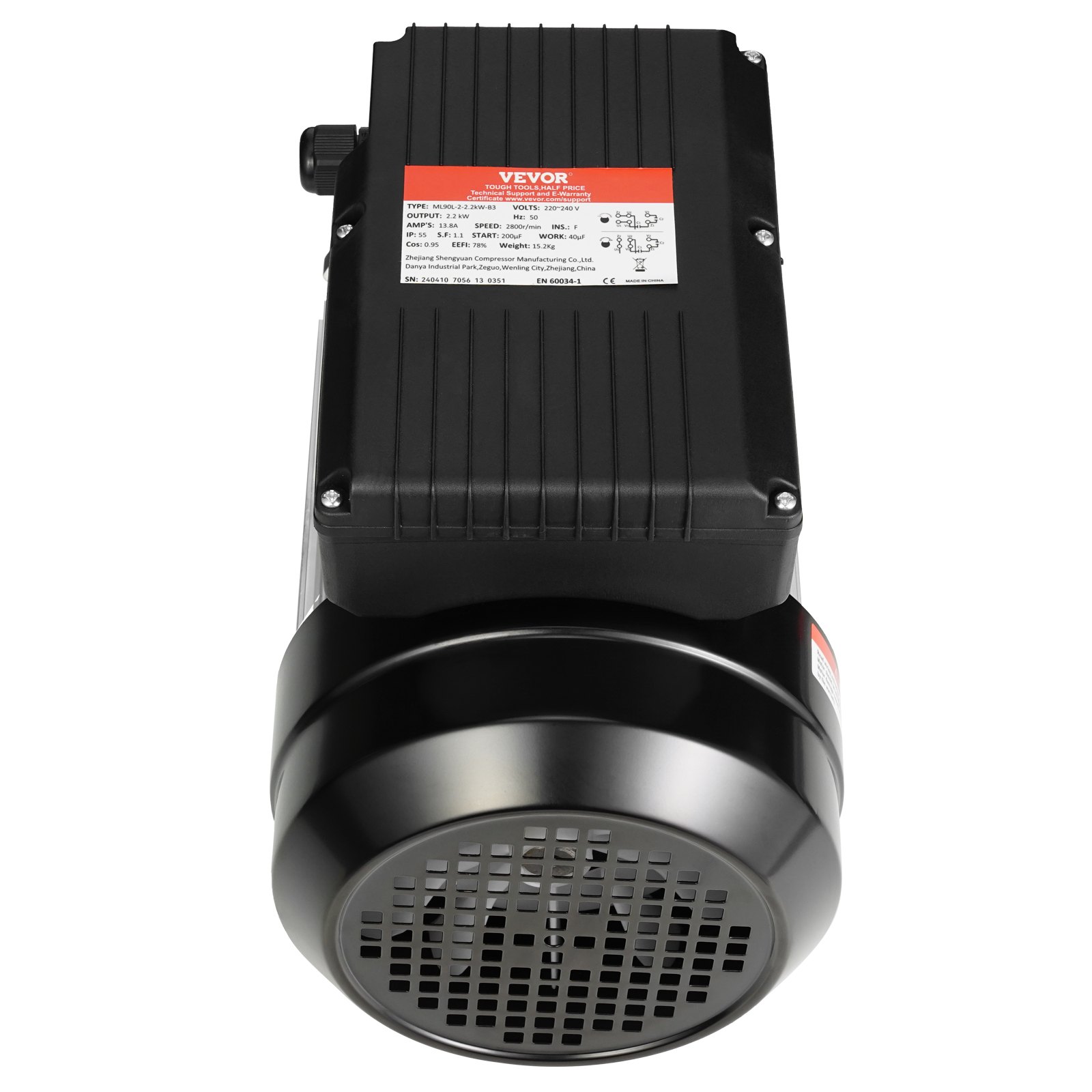 VEVOR Motore Elettrico 2.2KW 2800 Giri/min, AC 220~240V 13.8A, 90L, Telaio B3, Motore Compressore d'Aria Monofase, Albero Chiavetta 24mm, Rotazione CW/CCW per Macchine Agricole Attrezzature Generali
