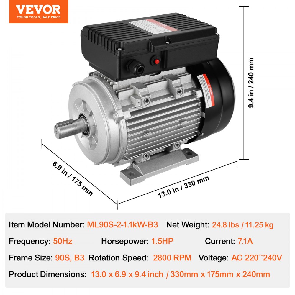 VEVOR Motore Elettrico 1,1KW 2800 Giri/min, AC 220~240V 7,1A, 90S, Telaio B3, Motore Compressore d'Aria Monofase, Albero con Chiavetta 24mm, Rotazione CW/CCW Macchine Agricole e Attrezzature Generali