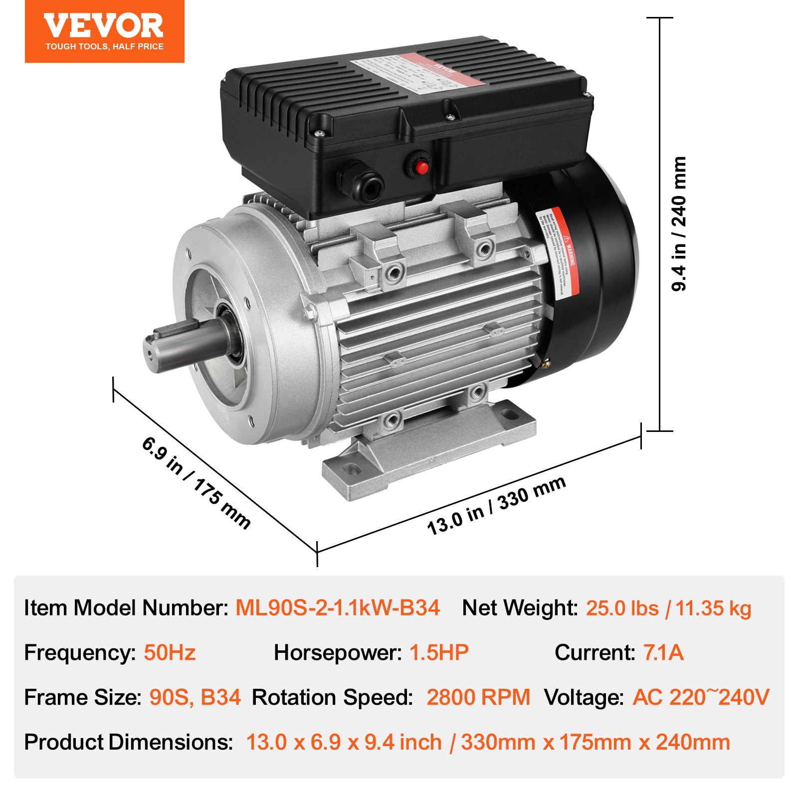 VEVOR Motore Elettrico 1,1KW 2800 Giri/min, AC 220~240V 7,1A, 90S, Telaio B34, Motore Compressore Aria Monofase, Albero Chiavetta 24mm, Rotazione CW/CCW per Macchine Agricole e Attrezzature Generali