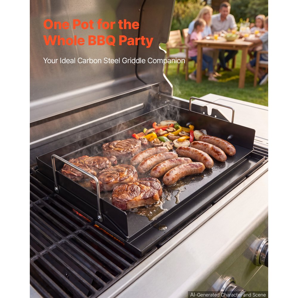 VEVOR Piastra da Griglia per BBQ in Acciaio al Carbonio Superficie Piana Vassoio Raccogli Grasso, Area di Cottura 43x29cm, per Bistecca, Hamburger, Frutti di Mare, Antiaderente, Picnic, Campeggio
