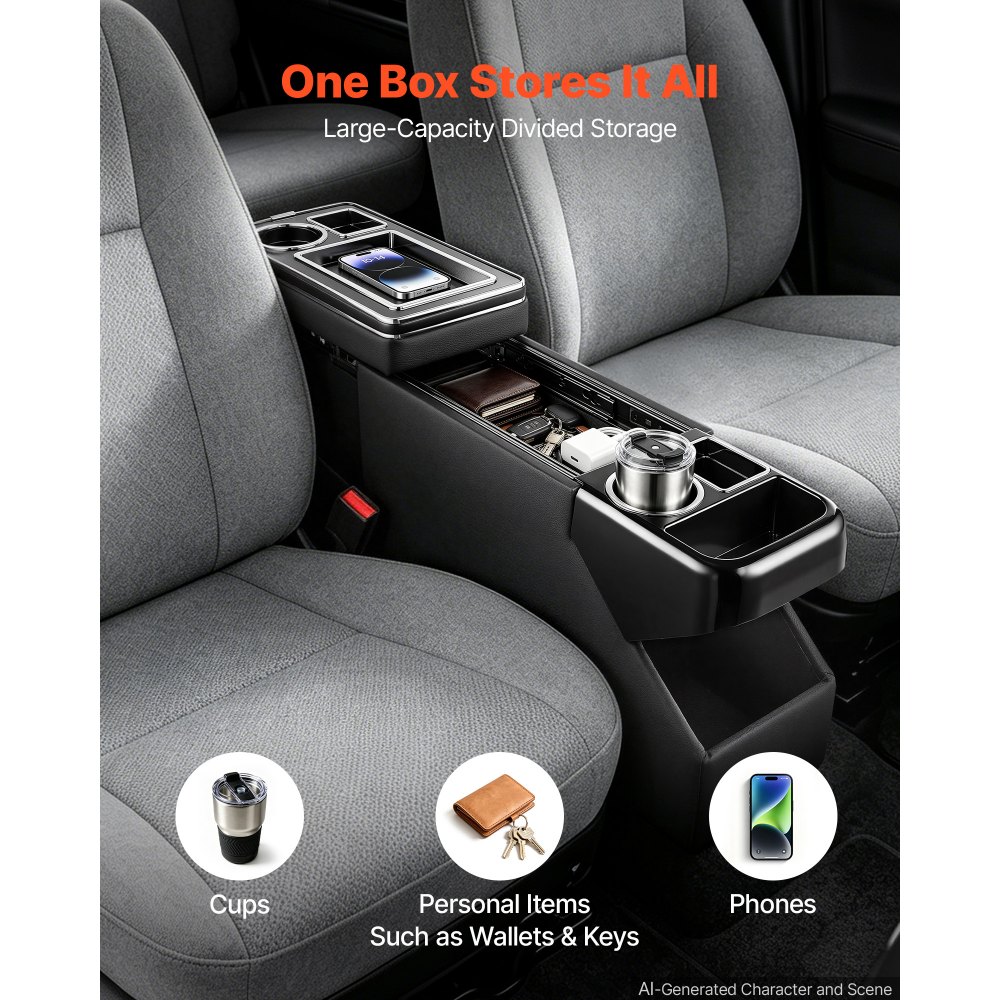 VEVOR Vano Organizer da Pavimento per Auto SUV tra Sedile Console Centrale Cassetta Porta Attrezzi Oggetti Portabicchiere Supporto per Telefono, Scomparti Multipli, Coperchio Scorrevole, Minivan