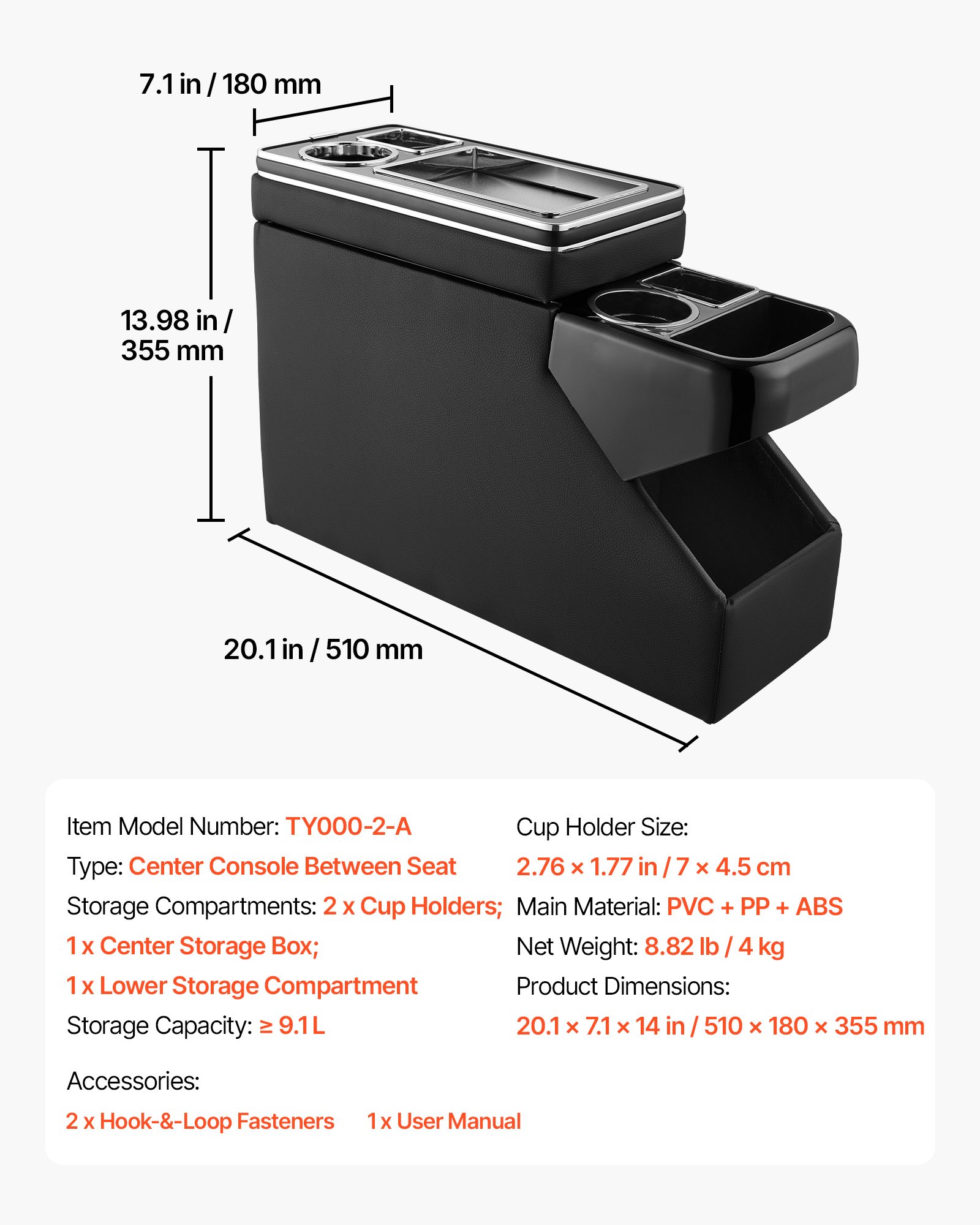 VEVOR Vano Organizer da Pavimento per Auto SUV tra Sedile Console Centrale Cassetta Porta Attrezzi Oggetti Portabicchiere Supporto per Telefono, Scomparti Multipli, Coperchio Scorrevole, Minivan