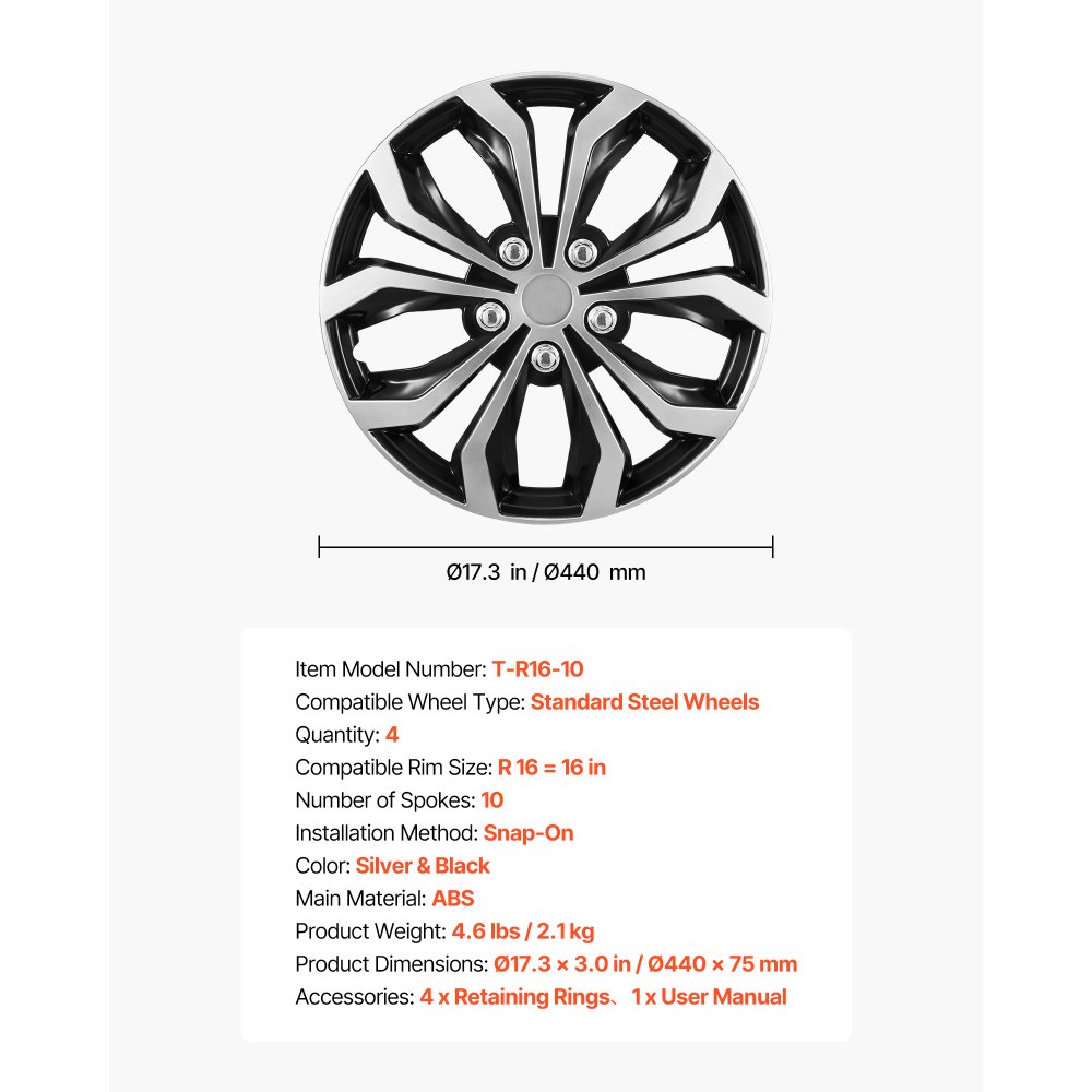 VEVOR Set di Copricerchi per Auto 4 pezzi, Copriruota per Cerchi Dimensioni Compatibili Cerchi R16 16 pollici, Ricambio OEM Compatibile con Hyundai, Chevrolet, Ford Honda, Protezione Cerchi, 10 Raggi