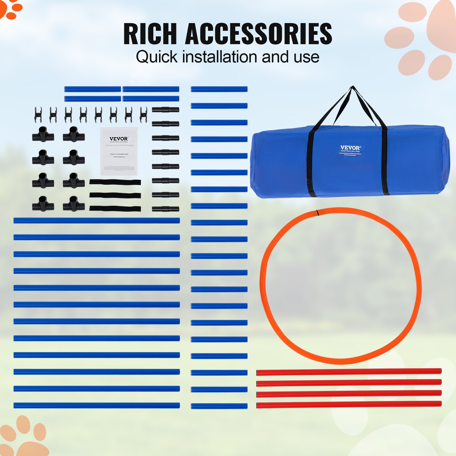 VEVOR Attrezzatura per Addestramento Agilità per Cani, Set 4 Pezzi, Percorso a Ostacoli per Cuccioli, Ostacoli Altezza Regolabile, Pali, Anello Salto, Borsa di Stoccaggio, da Giardino, Cortile